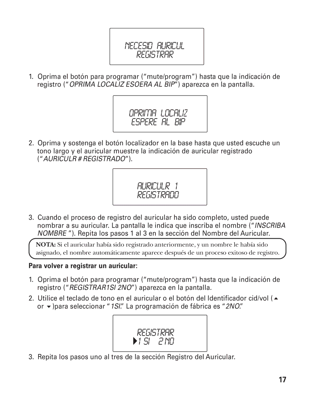 GE 21025/26 manual Necesid Auricul Registrar, Oprima Localiz Espere AL BIP, Auriculr Registrado 