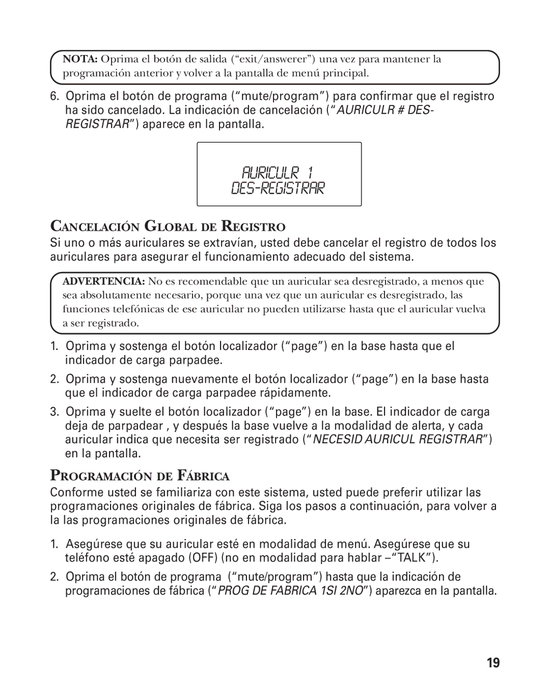 GE 21025/26 manual Auriculr DES‐REGISTRAR 