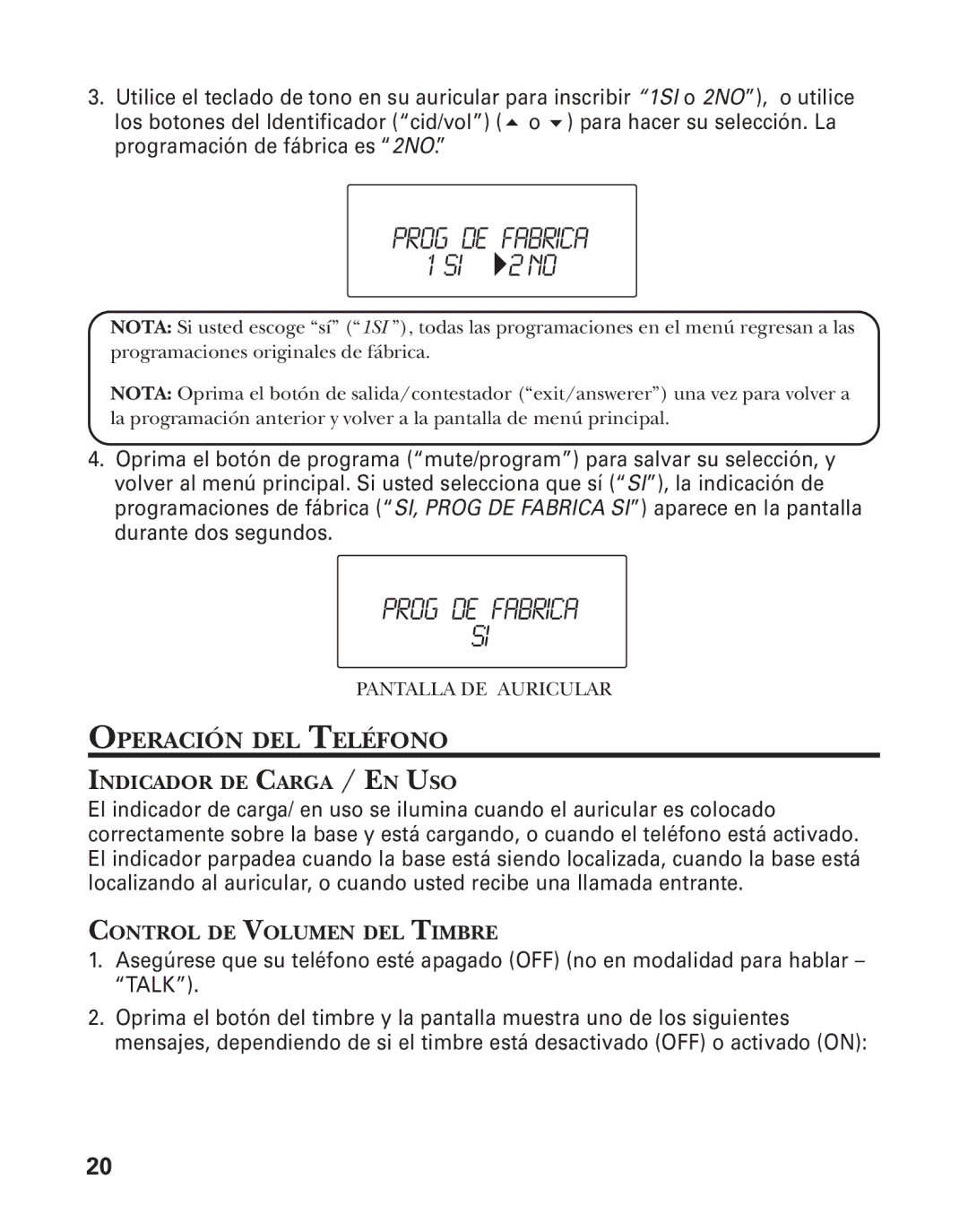 GE 21025/26 manual Prog DE Fabrica, Operación DEL Teléfono 