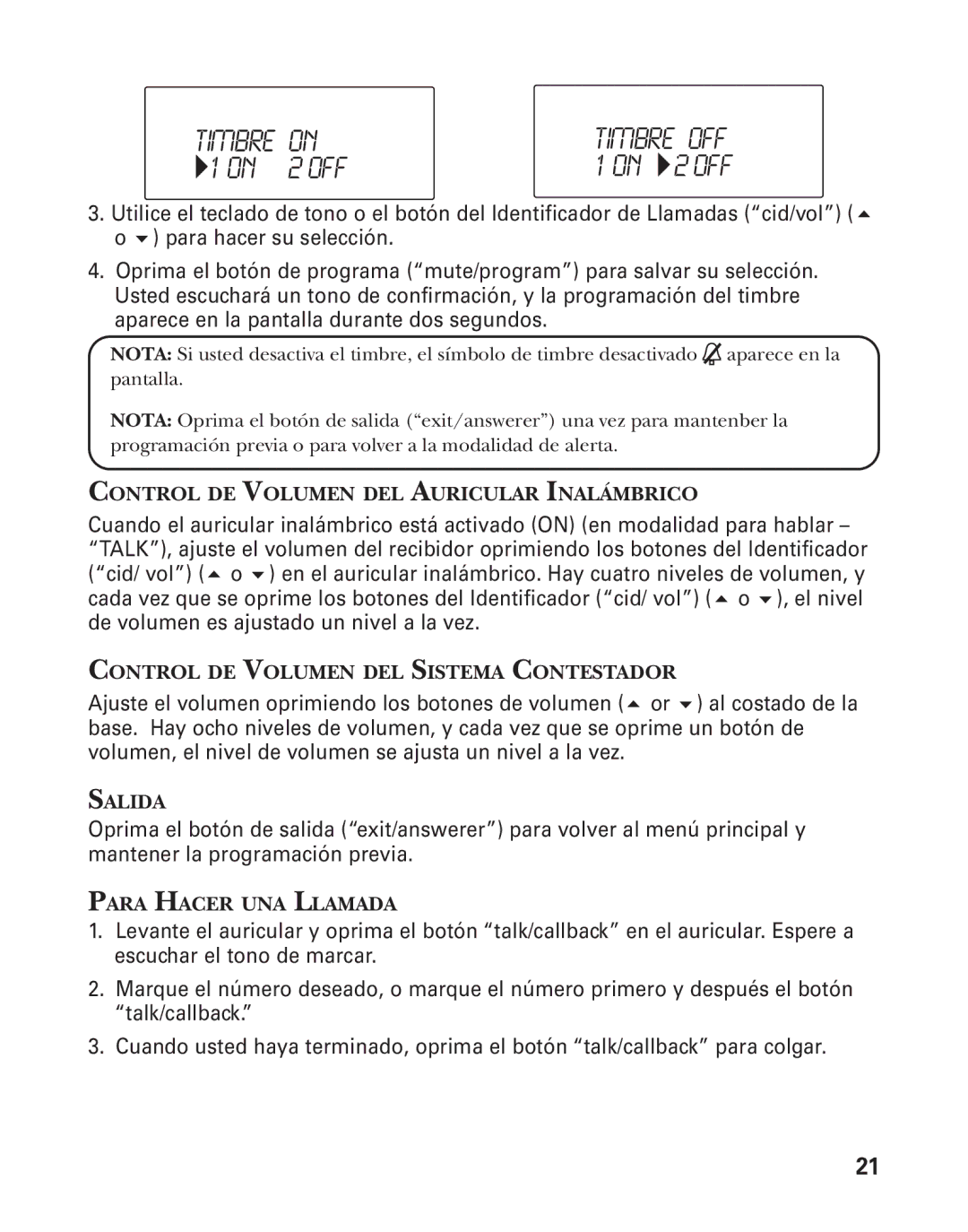 GE 21025/26 manual Timbre on, On 2 OFF 