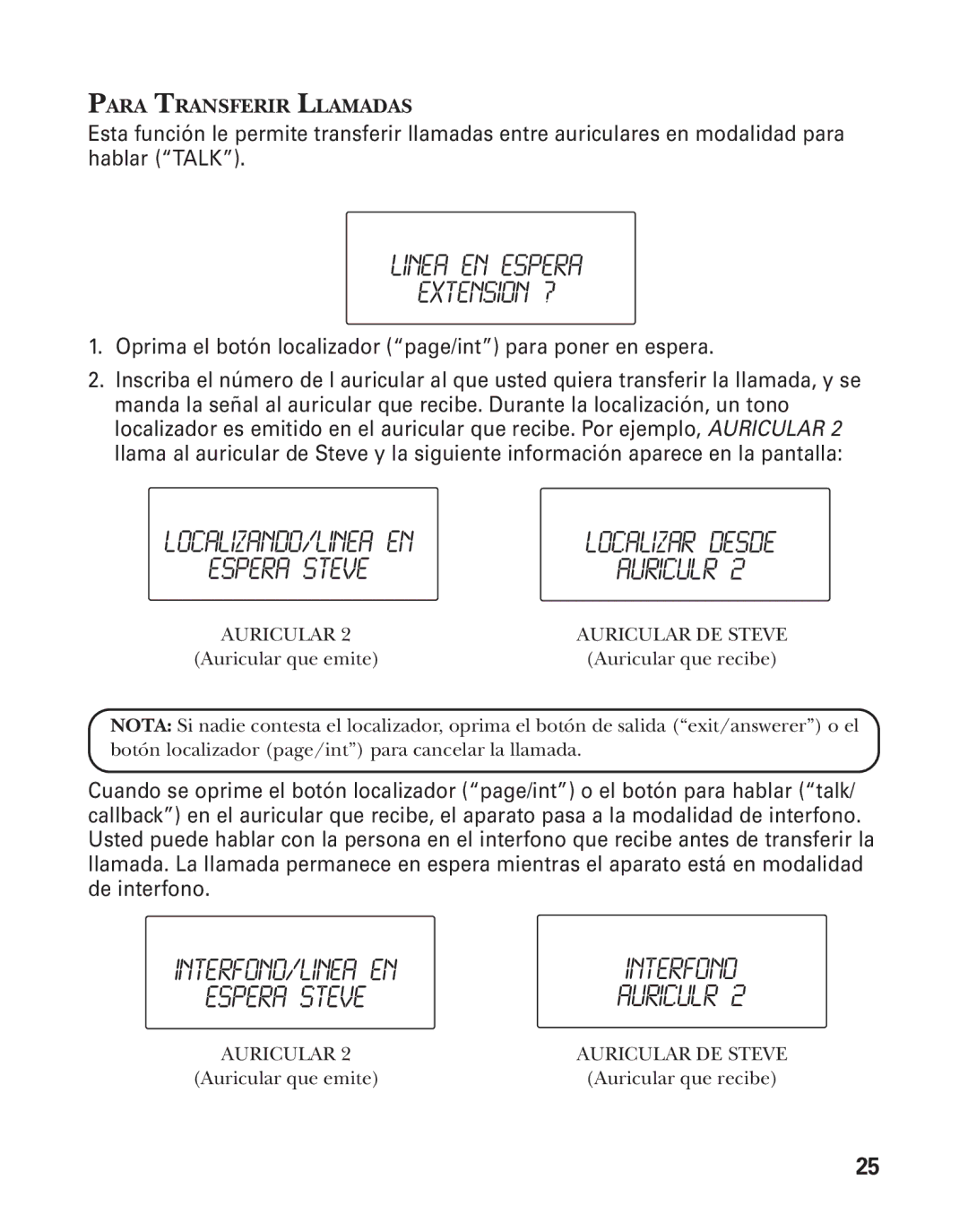 GE 21025/26 manual Linea EN Espera Extension ?, Oprima el botón localizador page/int para poner en espera 