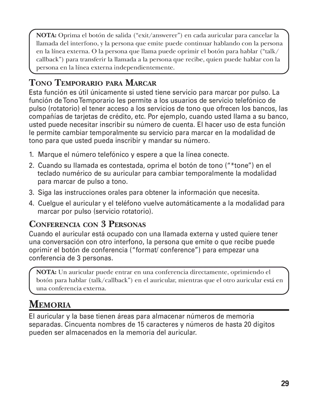 GE 21025/26 manual Memoria, Tono Temporario Para Marcar 