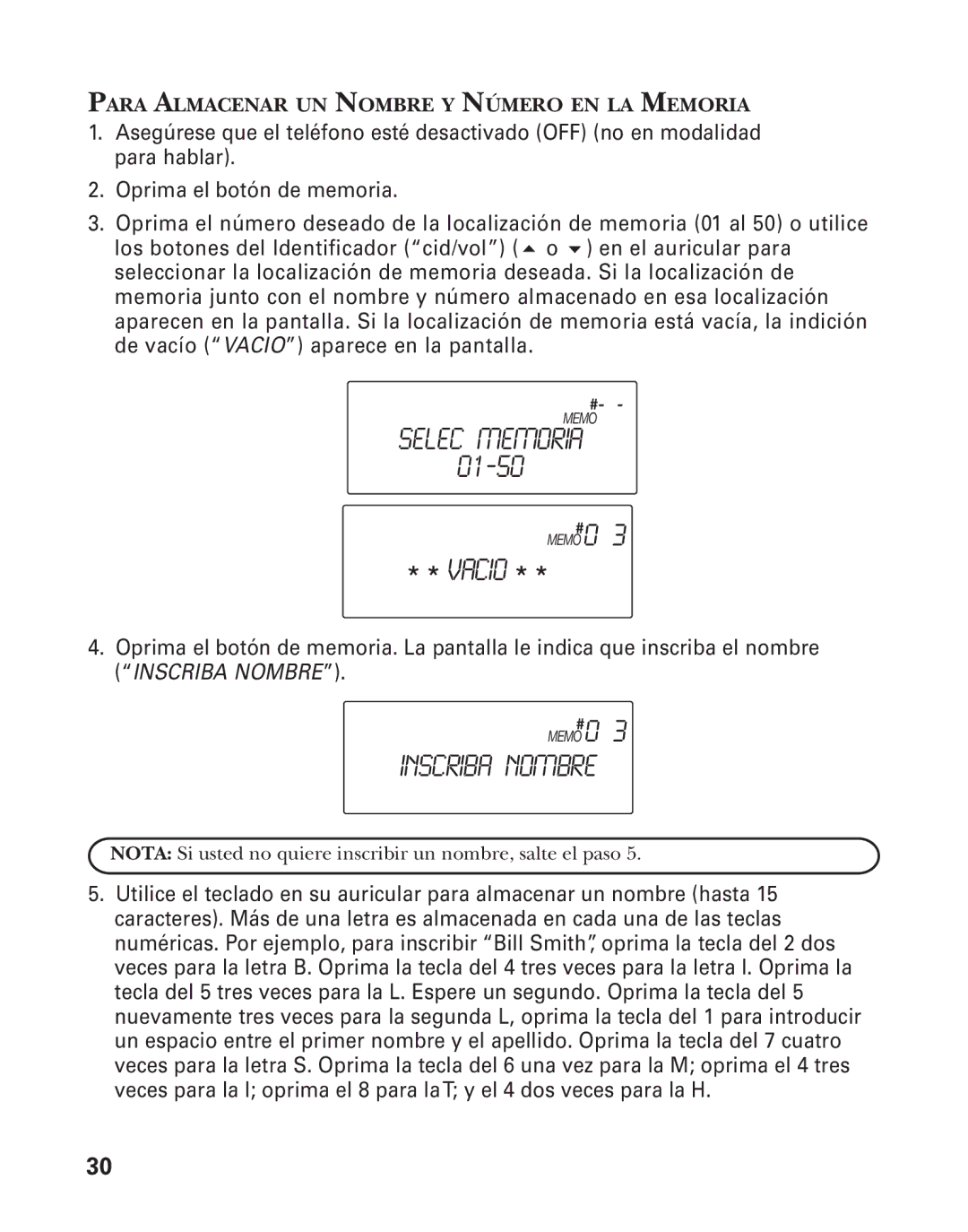 GE 21025/26 manual Selec Memoria, Inscriba Nombre 