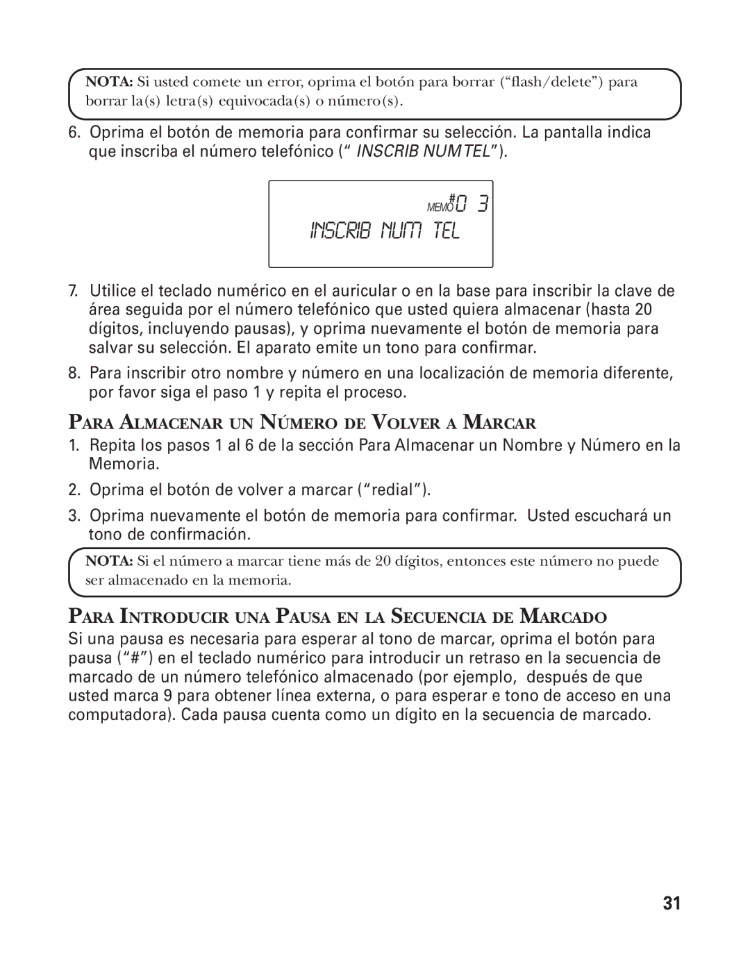 GE 21025/26 manual Inscrib NUM TEL, Para Introducir UNA Pausa EN LA Secuencia DE Marcado 