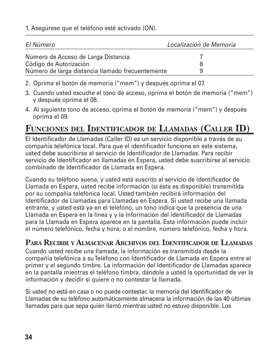 GE 21025/26 Funciones DEL Identificador DE Llamadas Caller ID, Número de Acceso de Larga Distancia Código de Autorización 