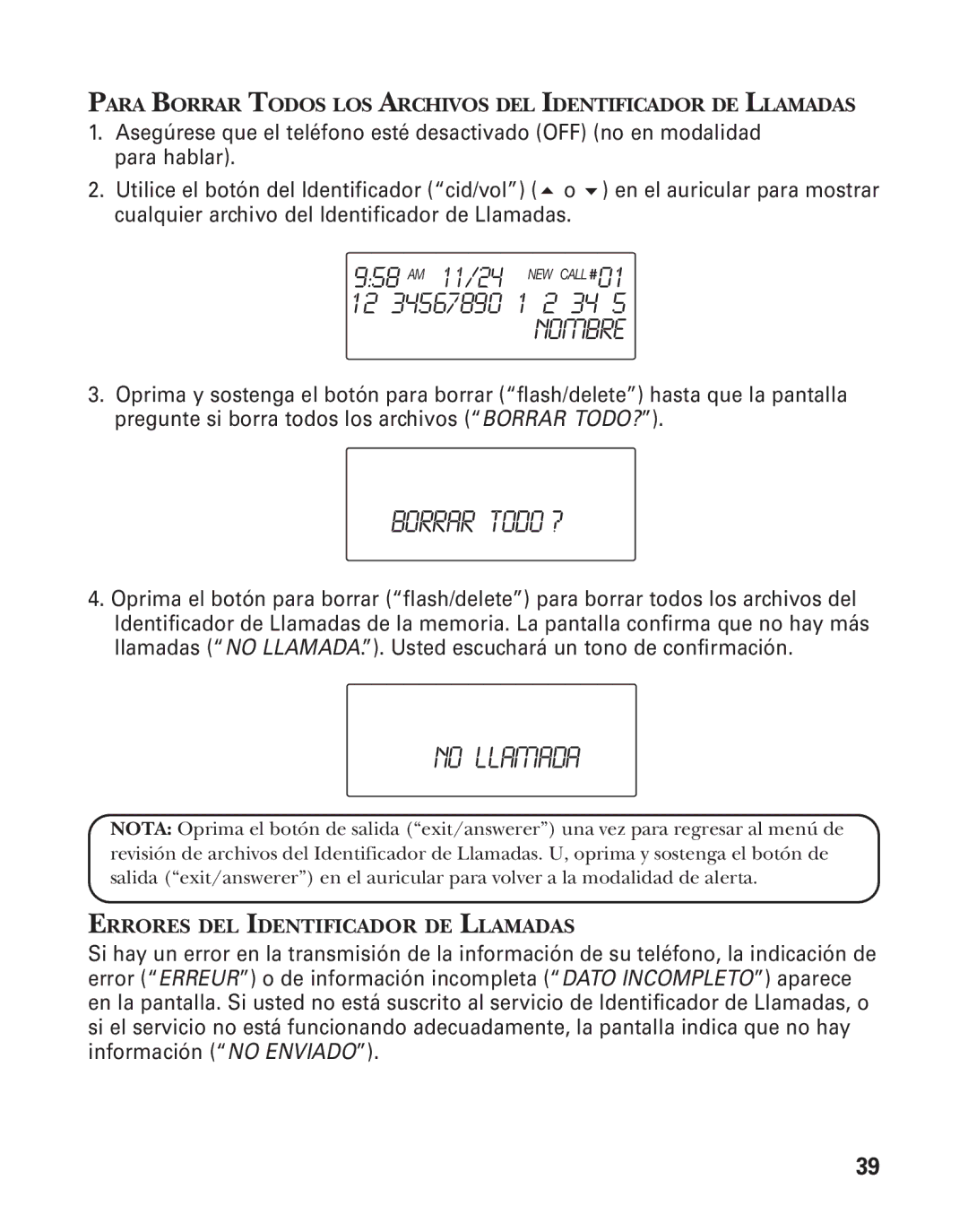 GE 21025/26 manual Borrar Todo ?, No Llamada 