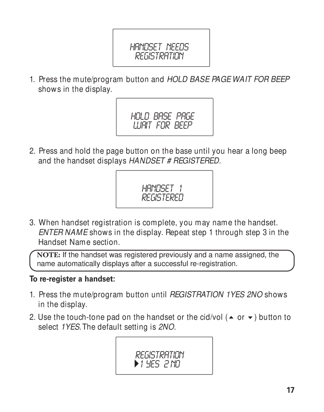 GE 21026 manual Handset Needs Registration, Hold Base Wait for Beep, Handset Registered 