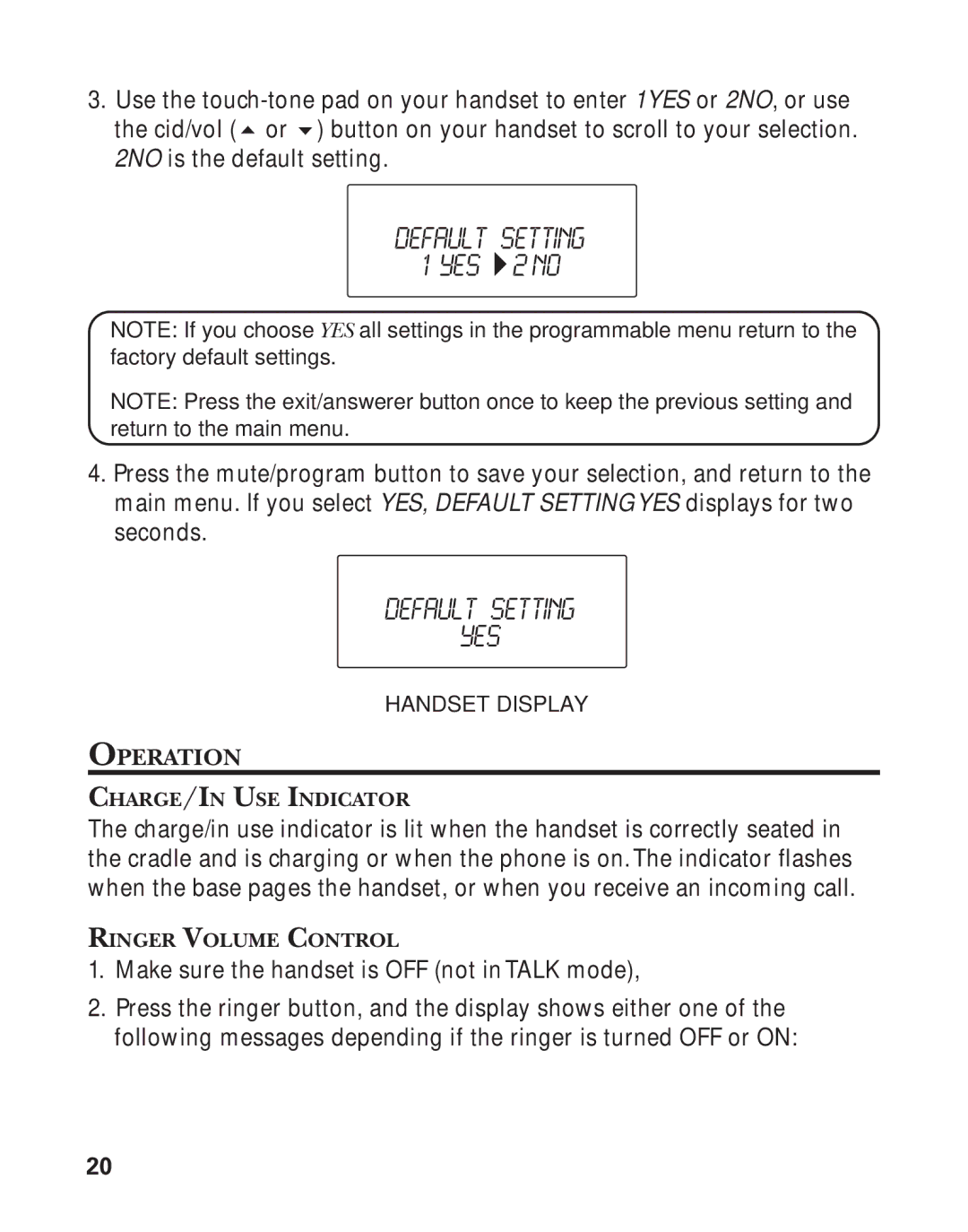 GE 21026 manual Default Setting YES, Operation 