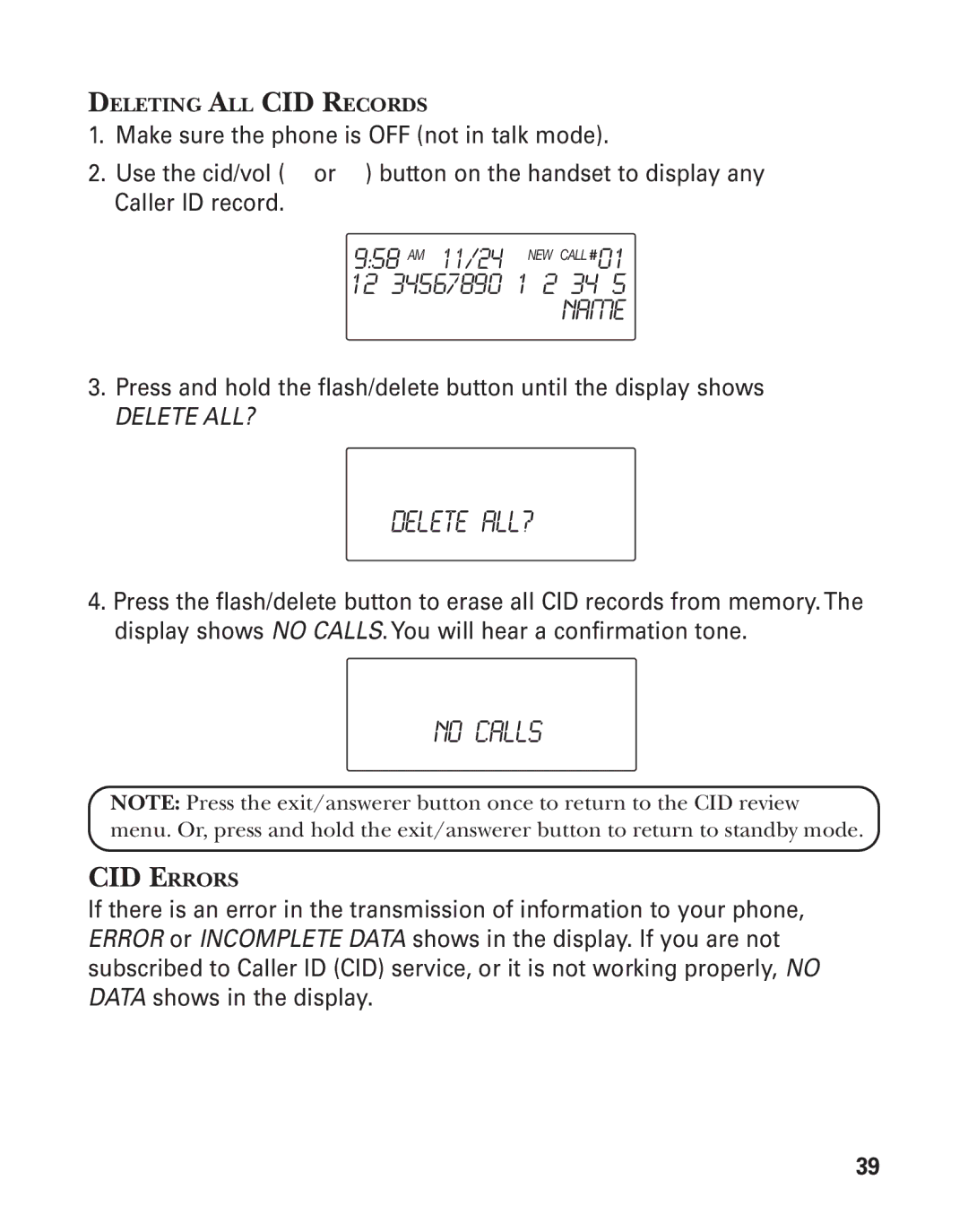 GE 21026 manual Delete ALL?, No Calls 