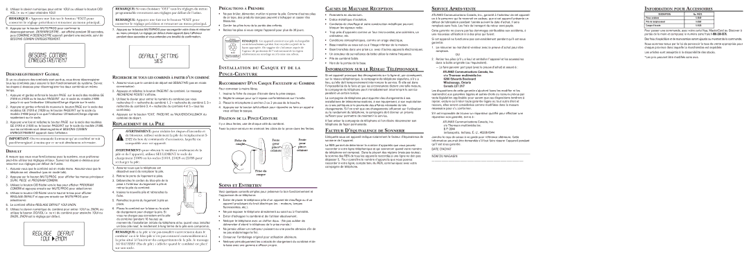 GE 21028, 21098 technical specifications Besoins Combin Enregistrement, Reglage Defaut 1OUI 2NON 