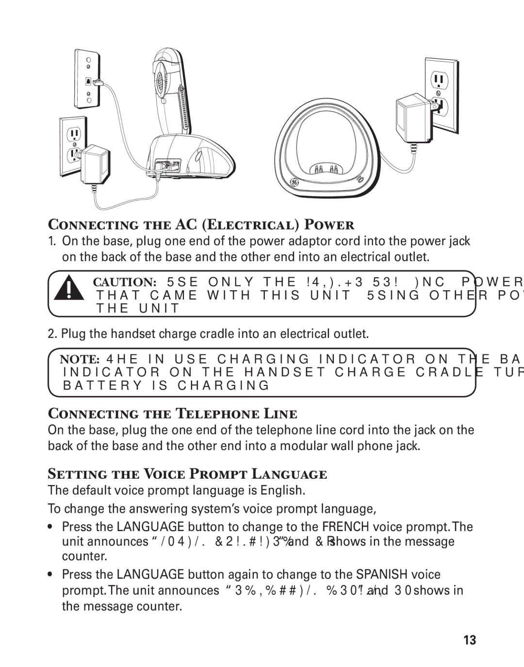 GE 21029 manual Connecting the AC Electrical Power, Connecting the Telephone Line, Setting the Voice Prompt Language 