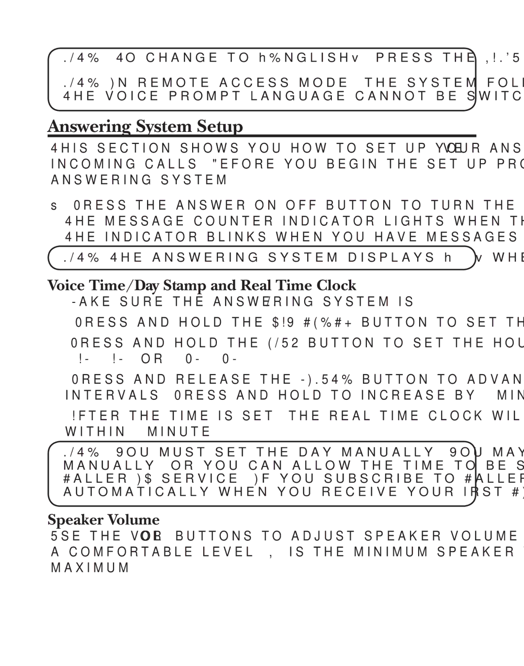 GE 21029 manual Answering System Setup, Voice Time/Day Stamp and Real Time Clock, Speaker Volume 