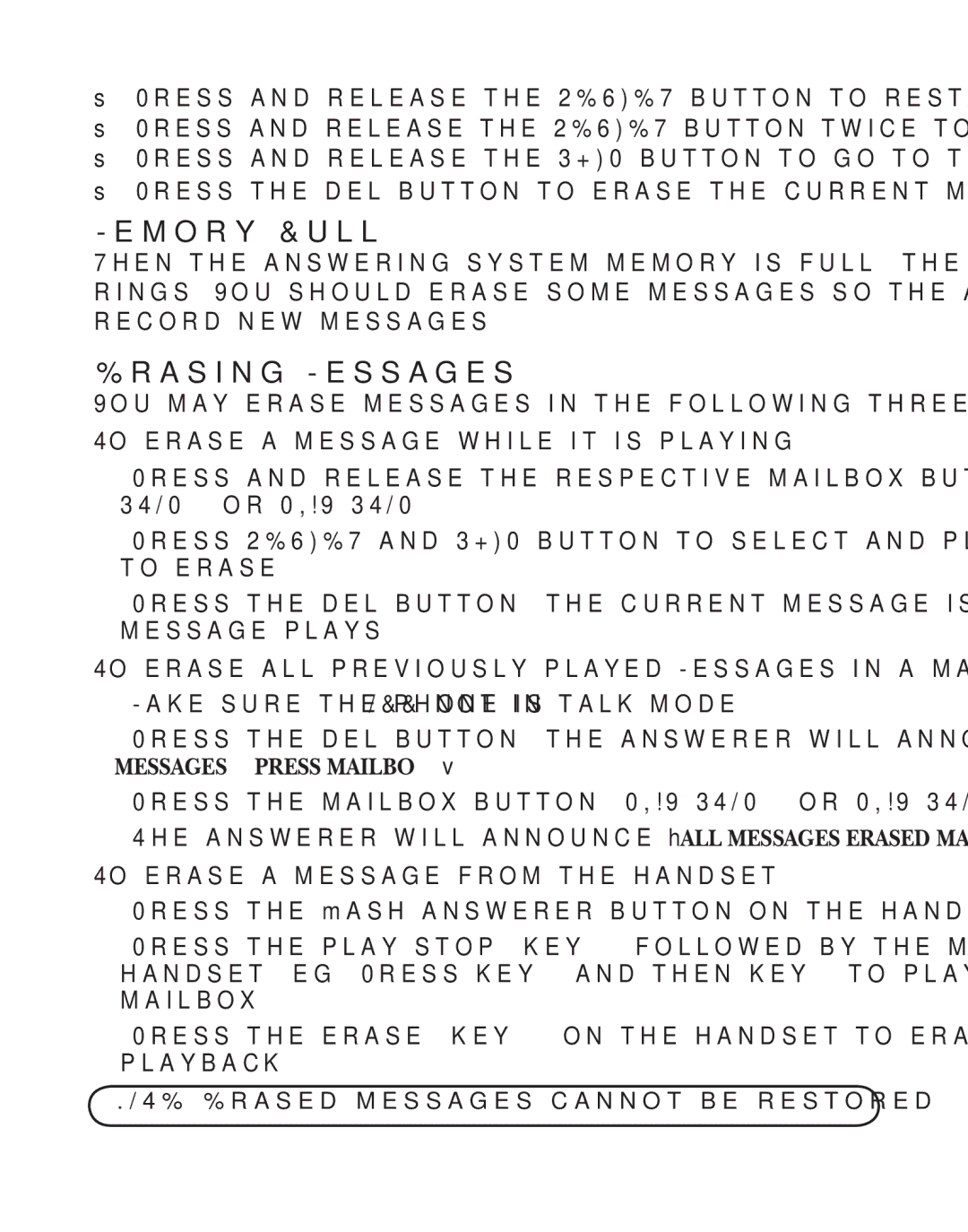 GE 21029 manual Memory Full, Erasing Messages, To erase a message while it is playing, To erase a message from the handset 