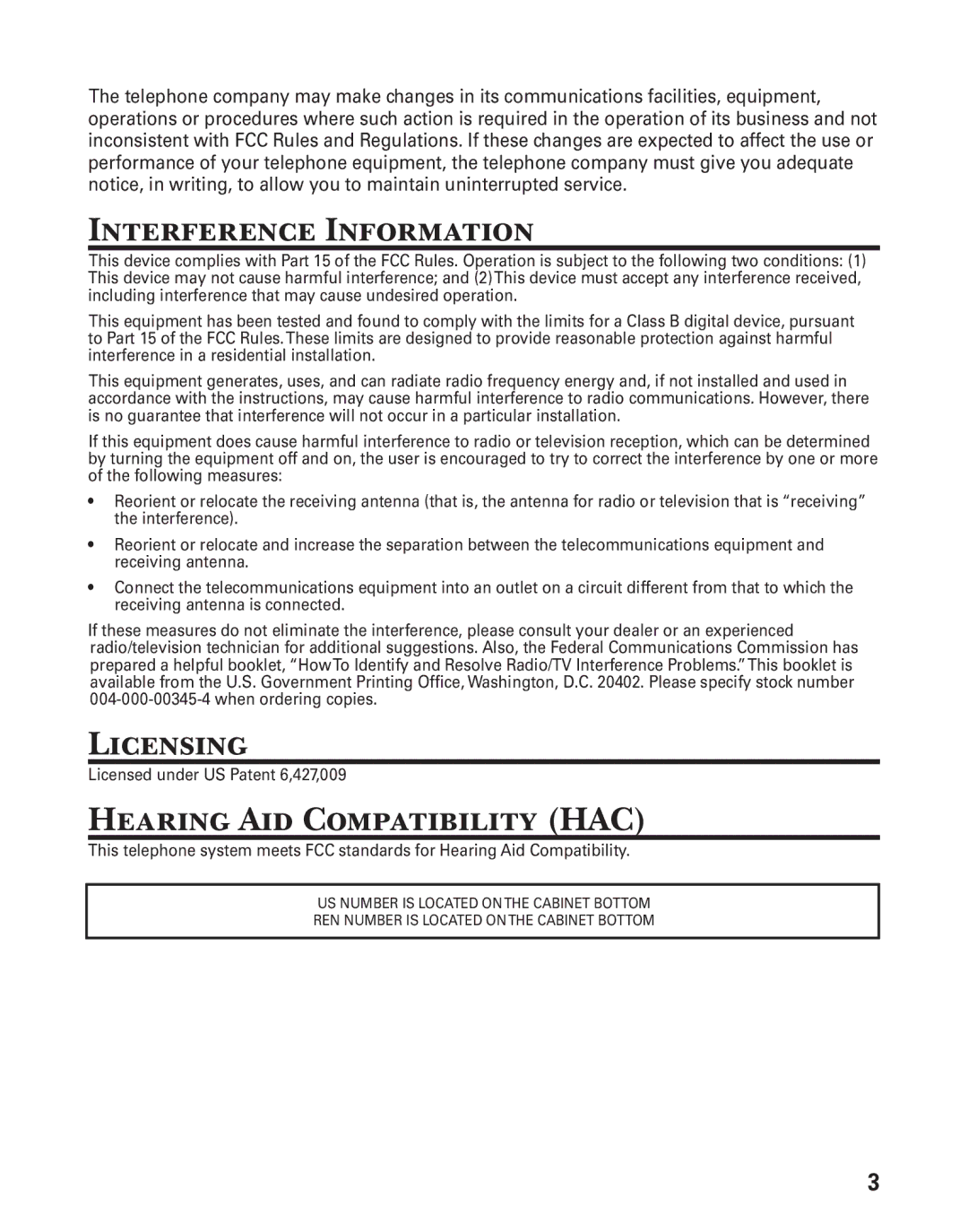 GE 21029 manual Interference Information, Licensing, Hearing Aid Compatibility HAC 