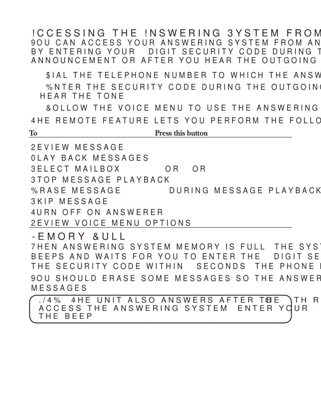 GE 21029 Accessing the Answering System from Another Location, Remote feature lets you perform the following functions 