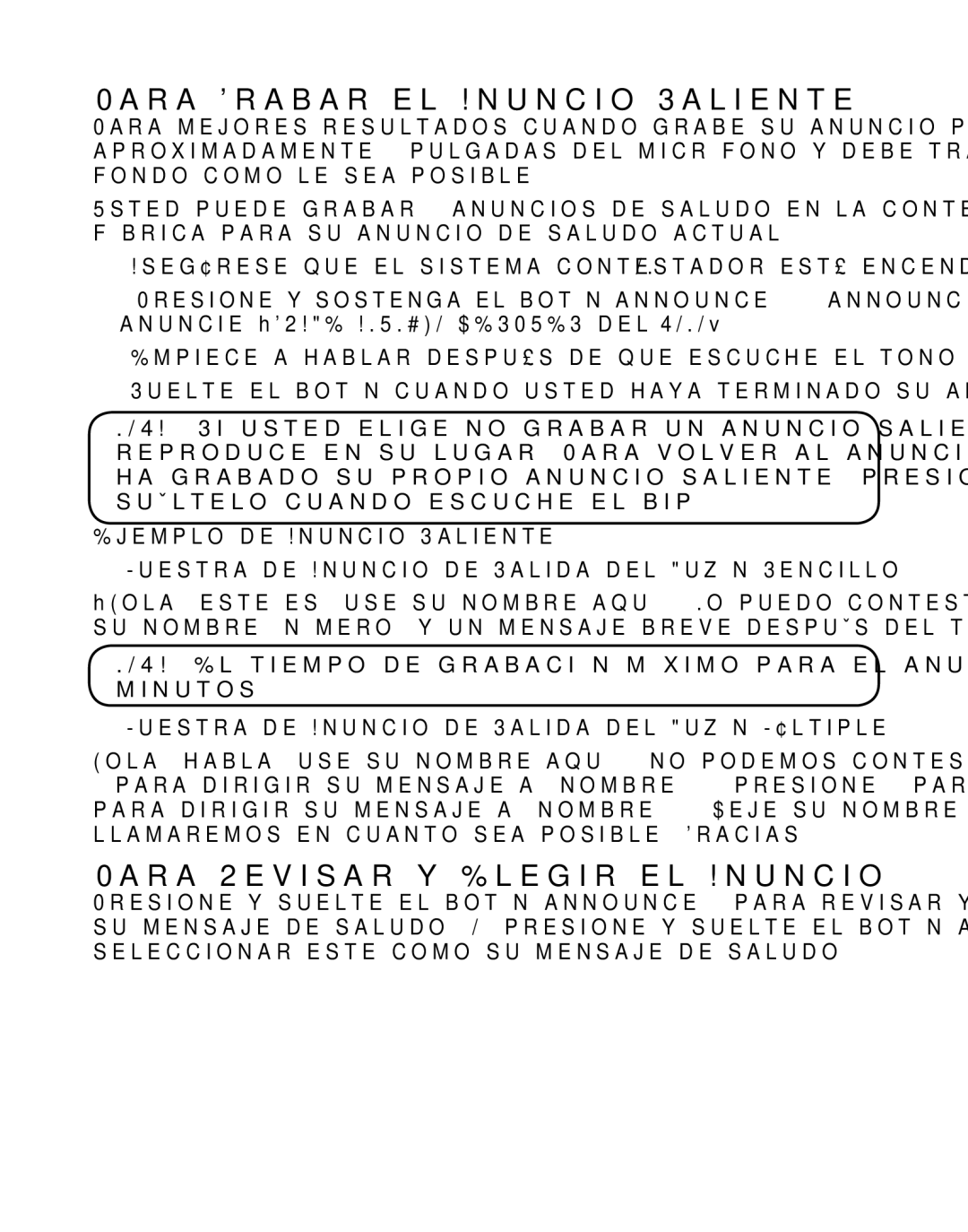 GE 21029 manual Para Grabar el Anuncio Saliente, Para Revisar y Elegir el Anuncio 