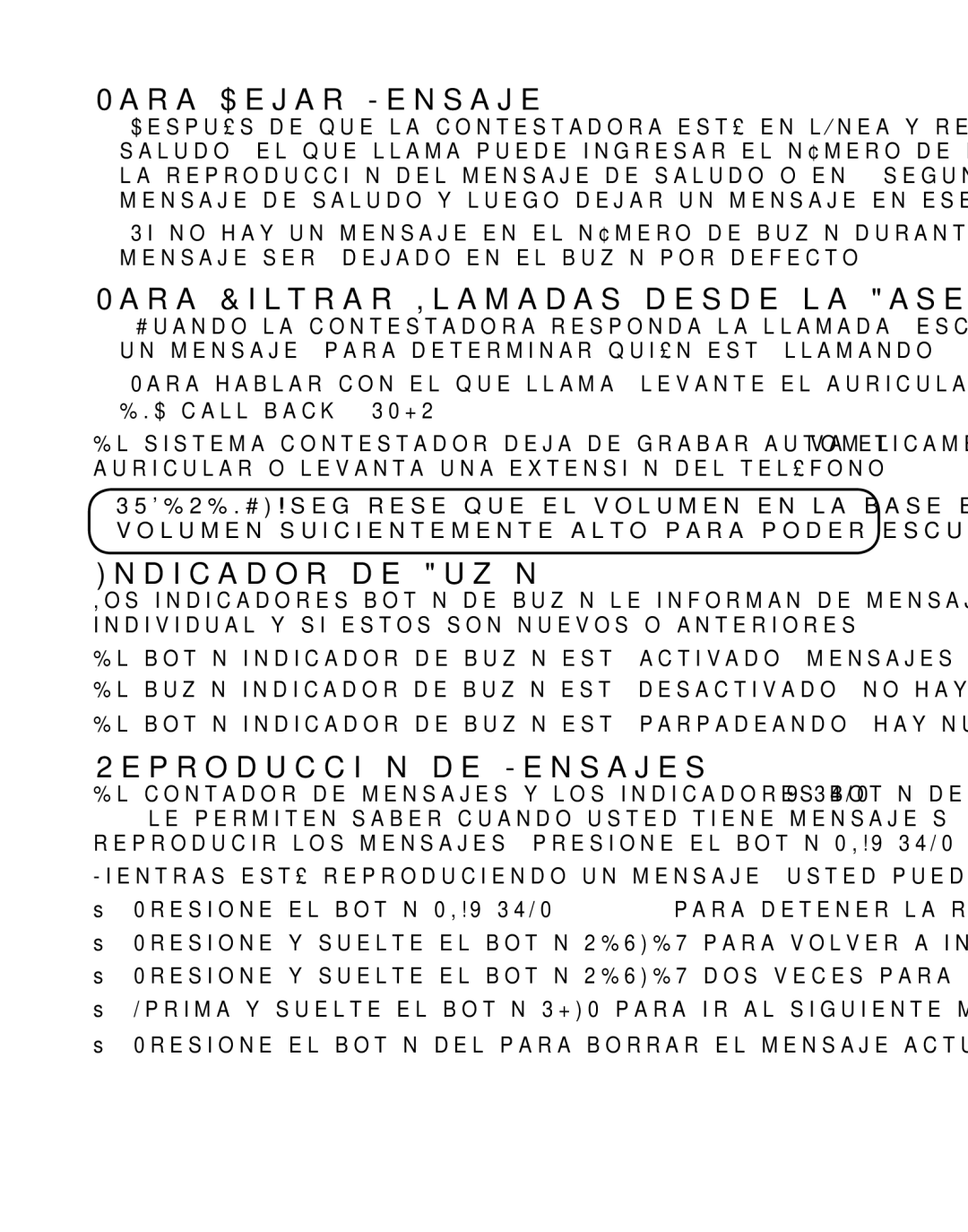 GE 21029 manual Para Dejar Mensaje, Para Filtrar Llamadas desde la Base, Indicador de Buzón, Reproducción de Mensajes 