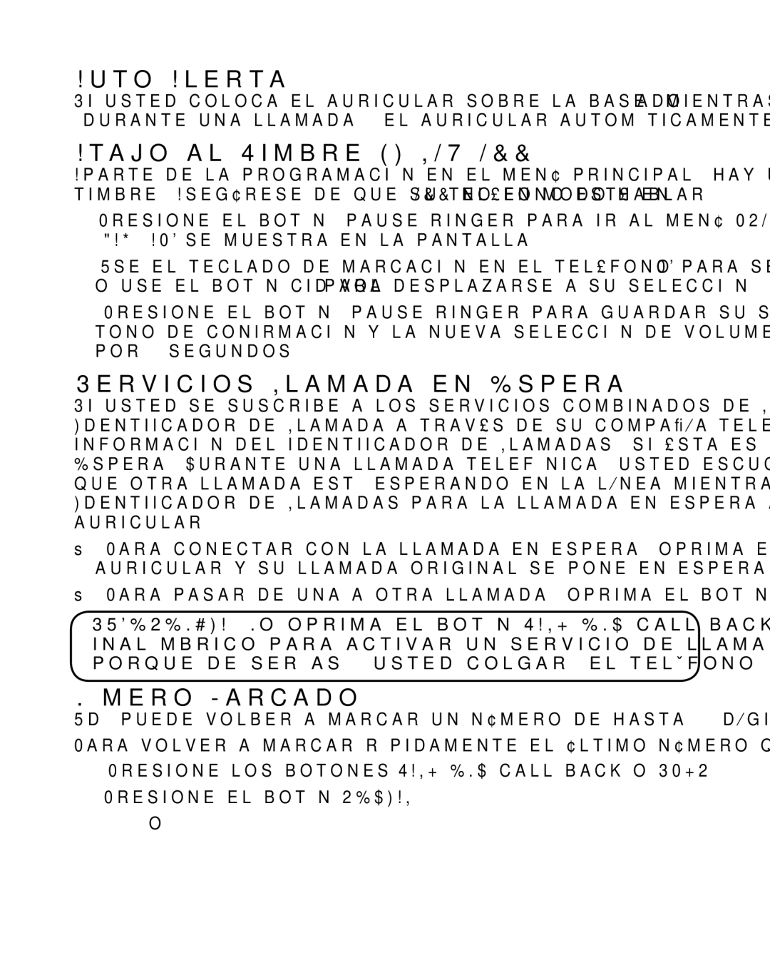 GE 21029 manual Auto Alerta, Atajo al Timbre HI/LOW/OFF, Servicios/Llamada en Espera, Número Marcado 