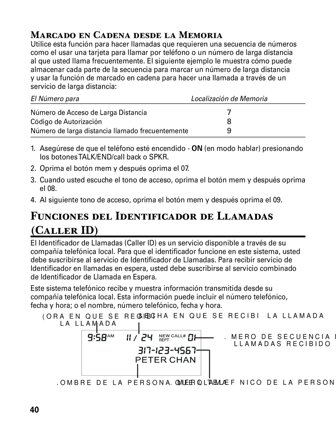 GE 21029 manual Funciones del Identificador de Llamadas Caller ID, Marcado en Cadena desde la Memoria 