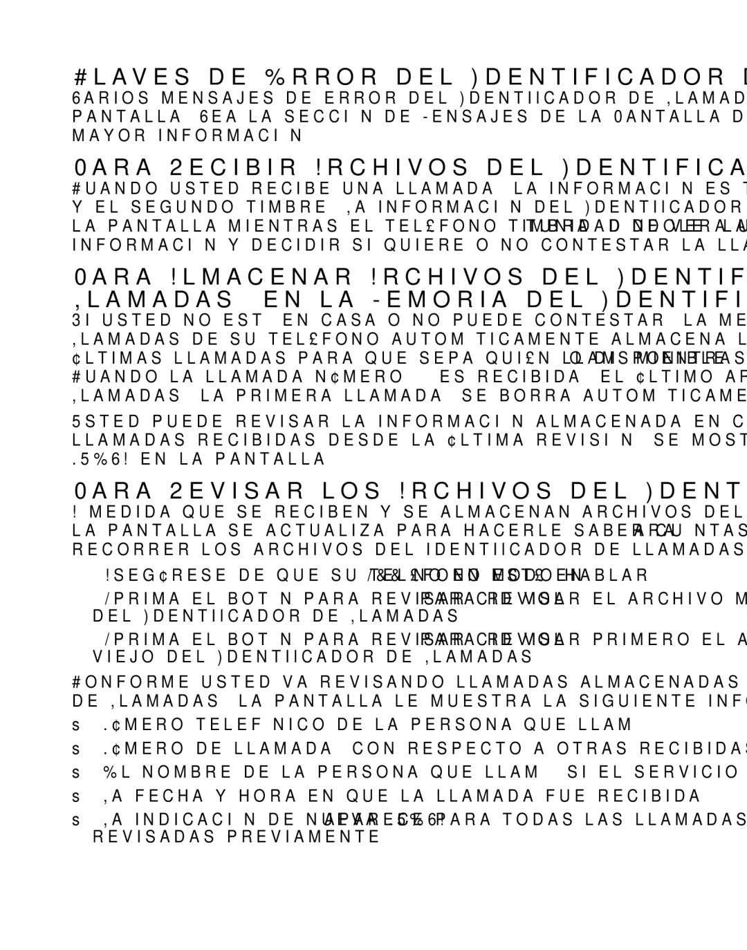 GE 21029 manual Claves de Error del Identificador de Llamadas, Para Recibir Archivos del Identificador de Llamadas 