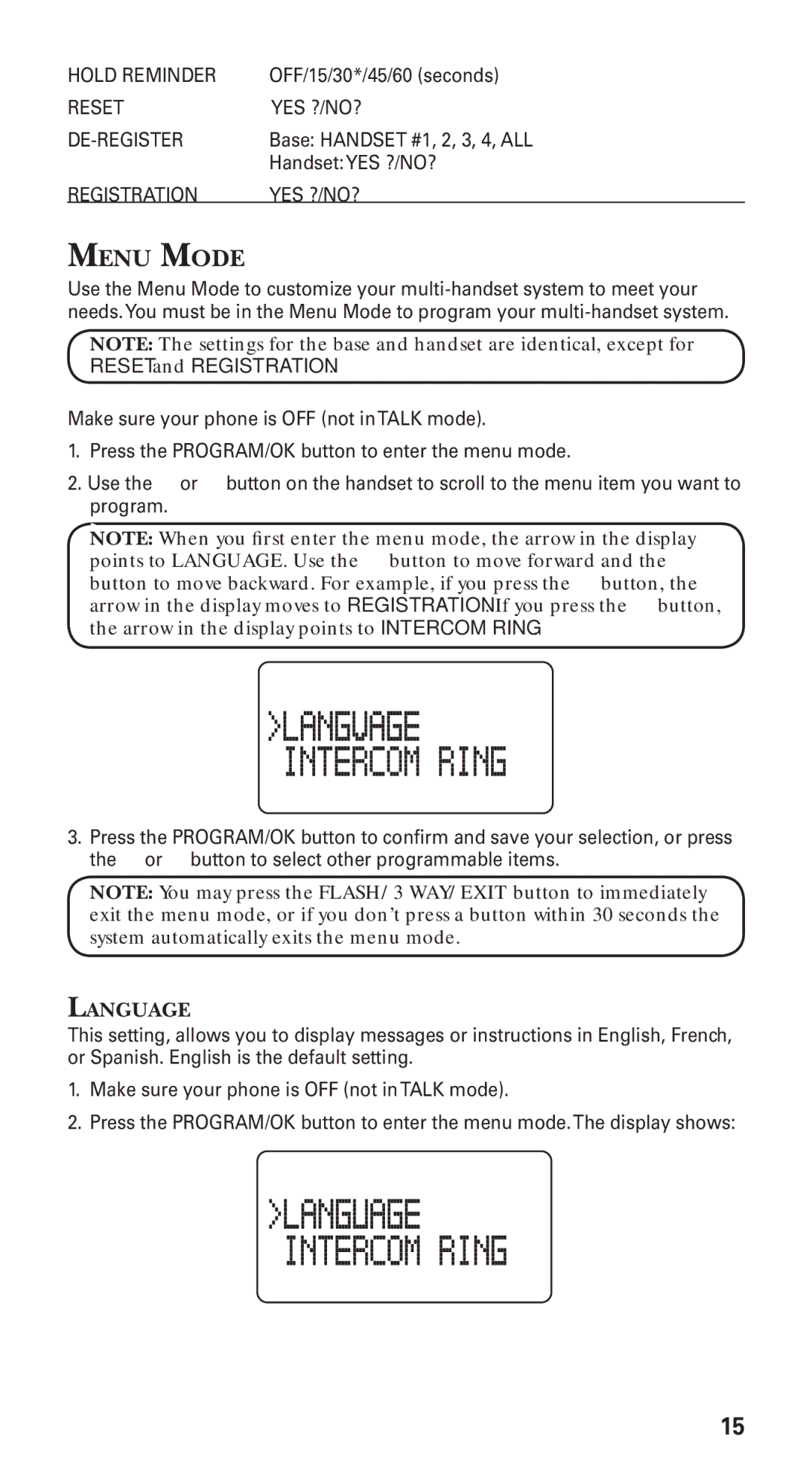 GE 21115 manual Menu Mode, Language 