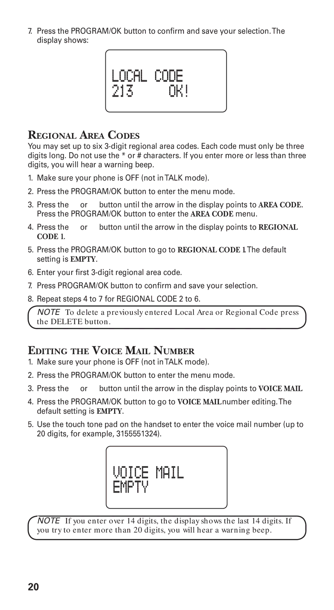 GE 21115 manual Regional Area Codes, Editing the Voice Mail Number 