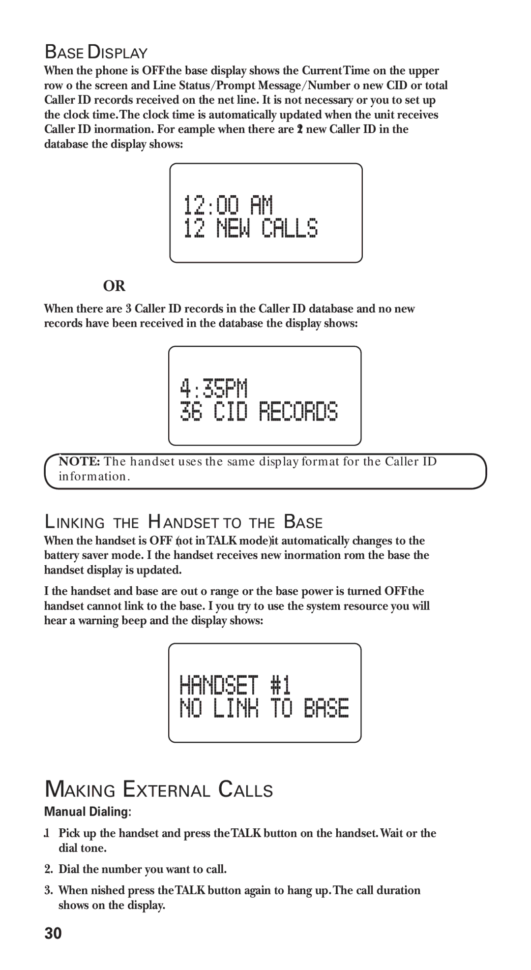 GE 21115 manual Making External Calls, Base Display, Linking the Handset to the Base, Manual Dialing 