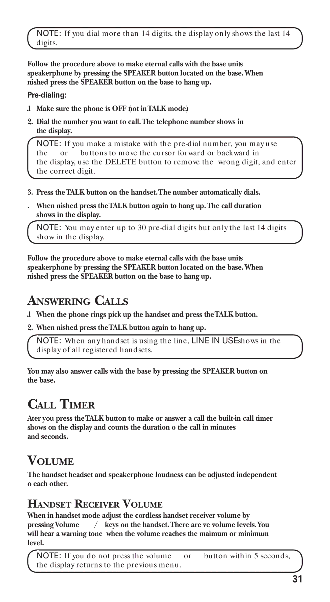 GE 21115 manual Answering Calls, Call Timer, Pre-dialing, Handset Receiver Volume 