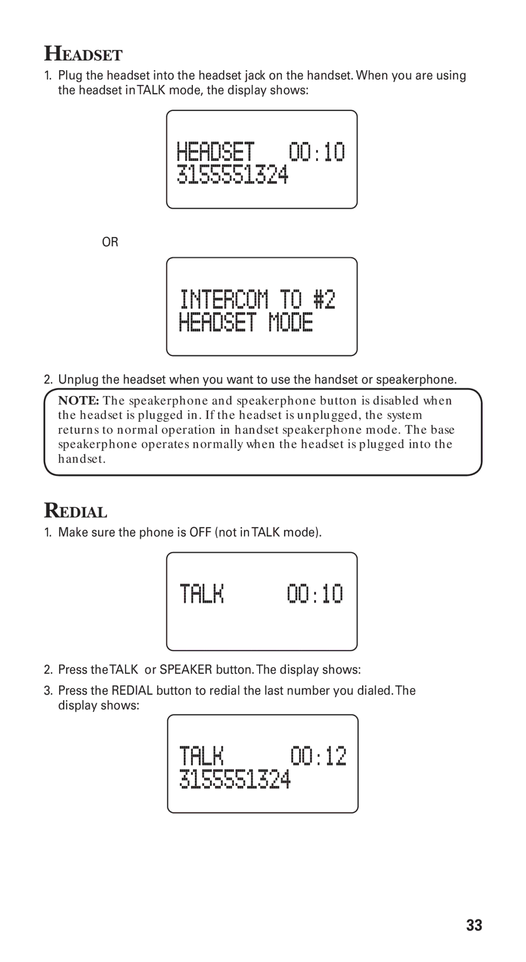 GE 21115 manual Headset, Redial 