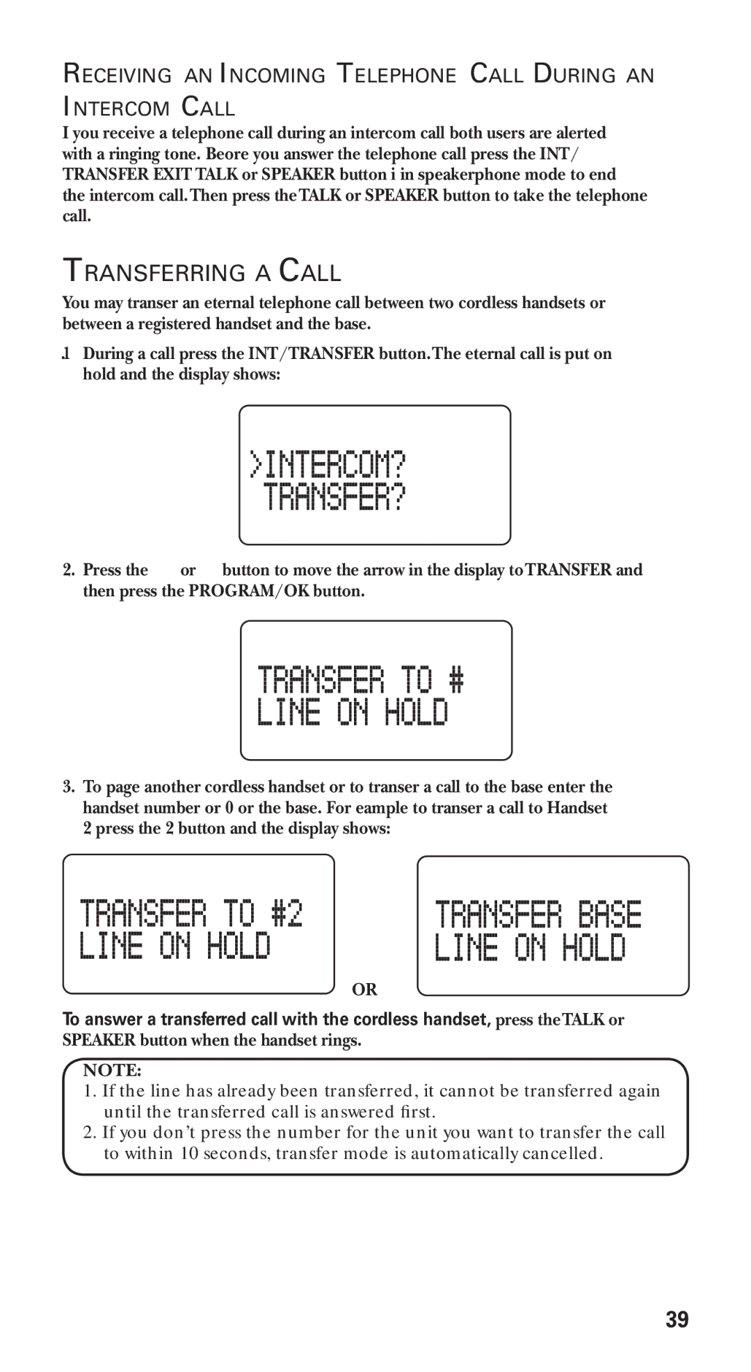 GE 21115 manual Transferring a Call, Receiving an Incoming Telephone Call During an Intercom Call 