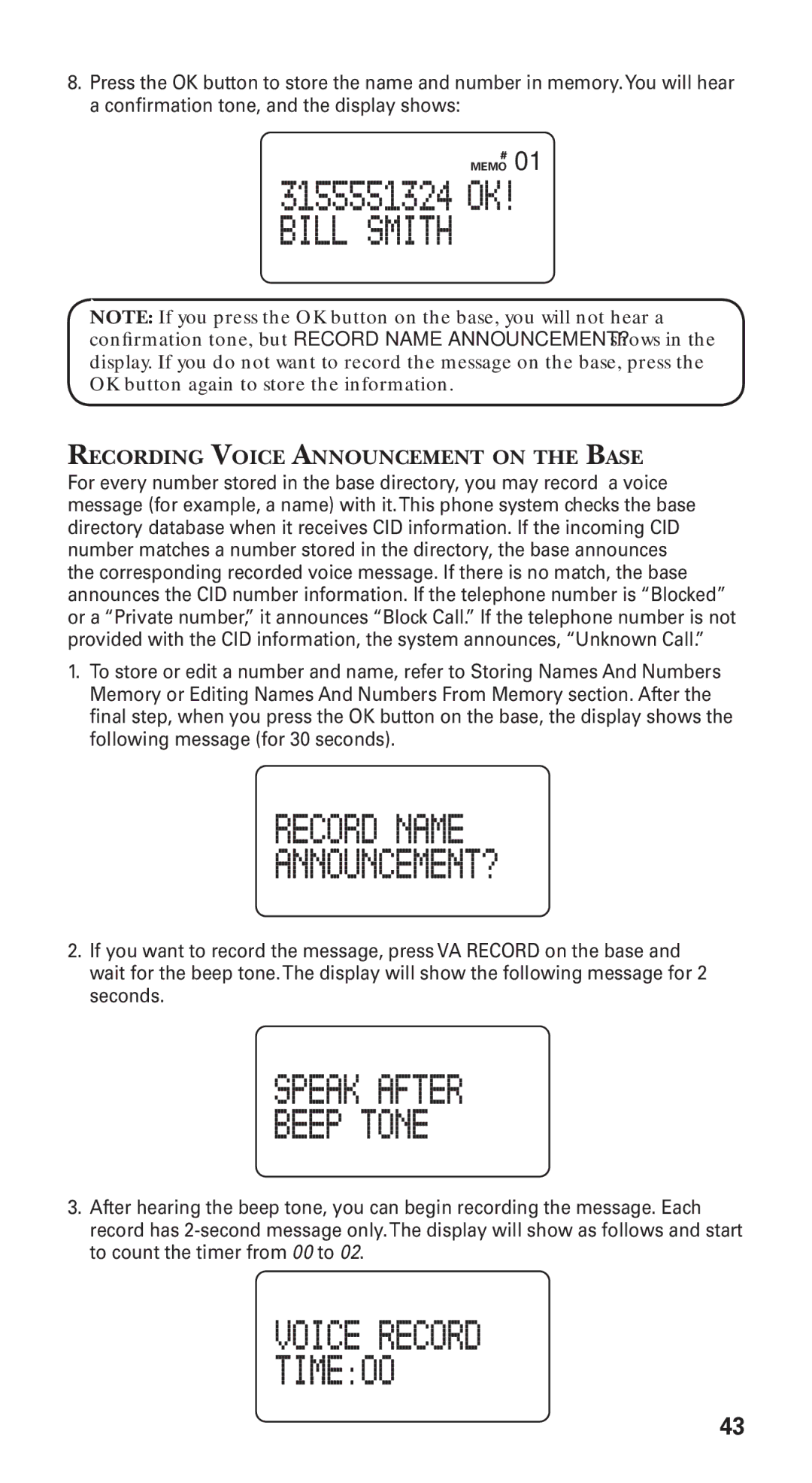 GE 21115 manual Recording Voice Announcement on the Base 