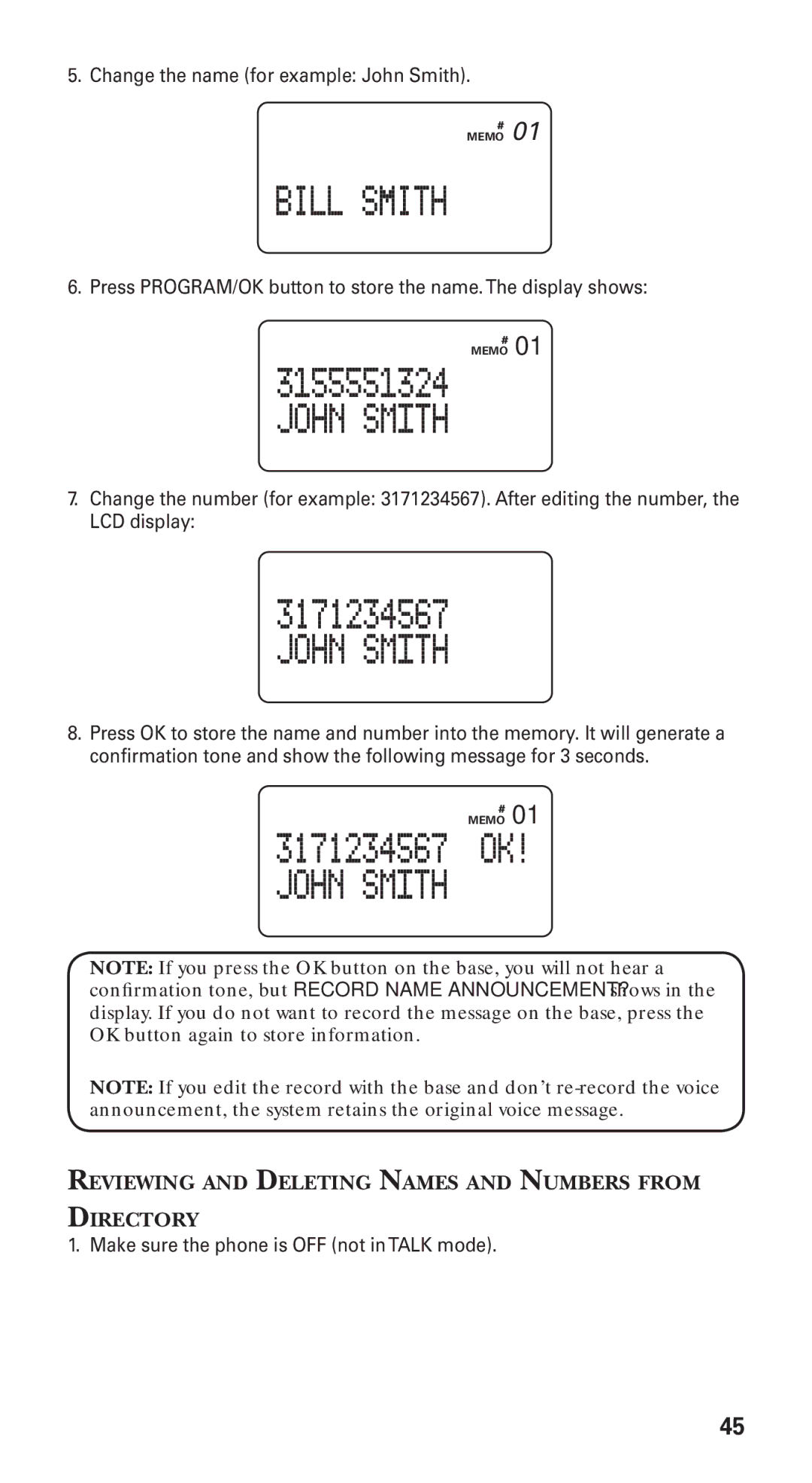 GE 21115 manual Reviewing and Deleting Names and Numbers from Directory 