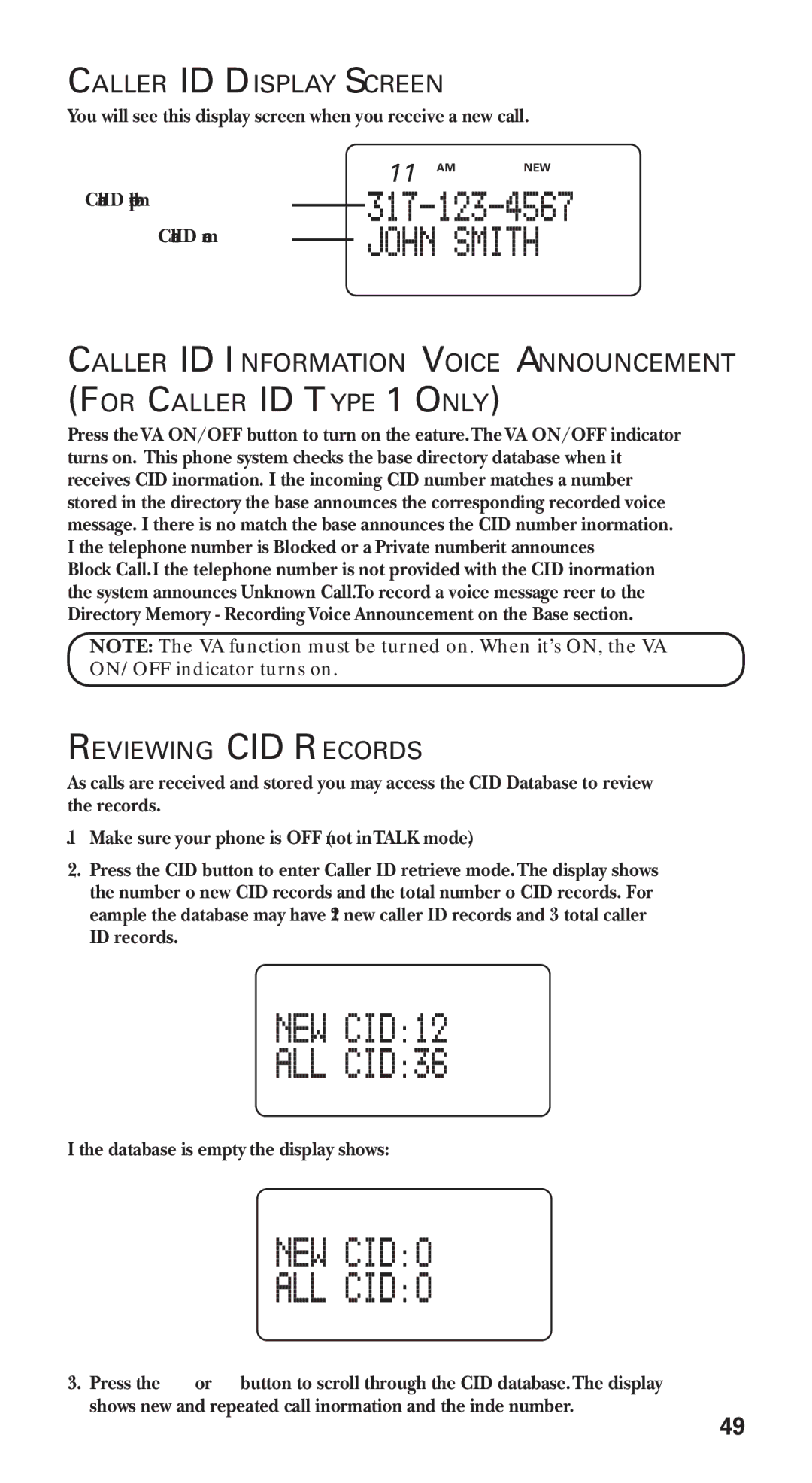 GE 21115 manual Caller ID Display Screen, Reviewing CID Records, Caller ID phone number Caller ID name 