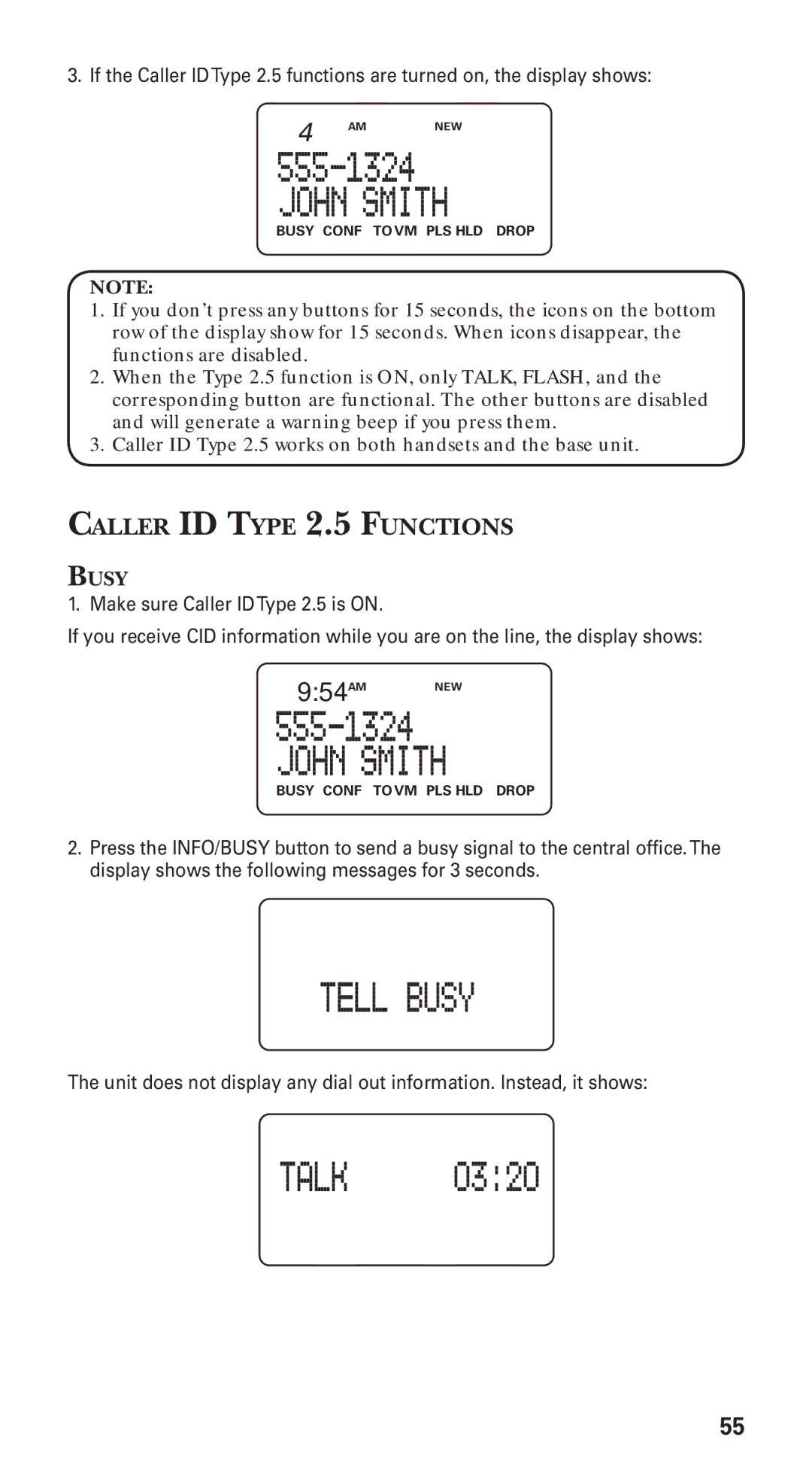 GE 21115 manual Caller ID Type 2.5 Functions, Busy 