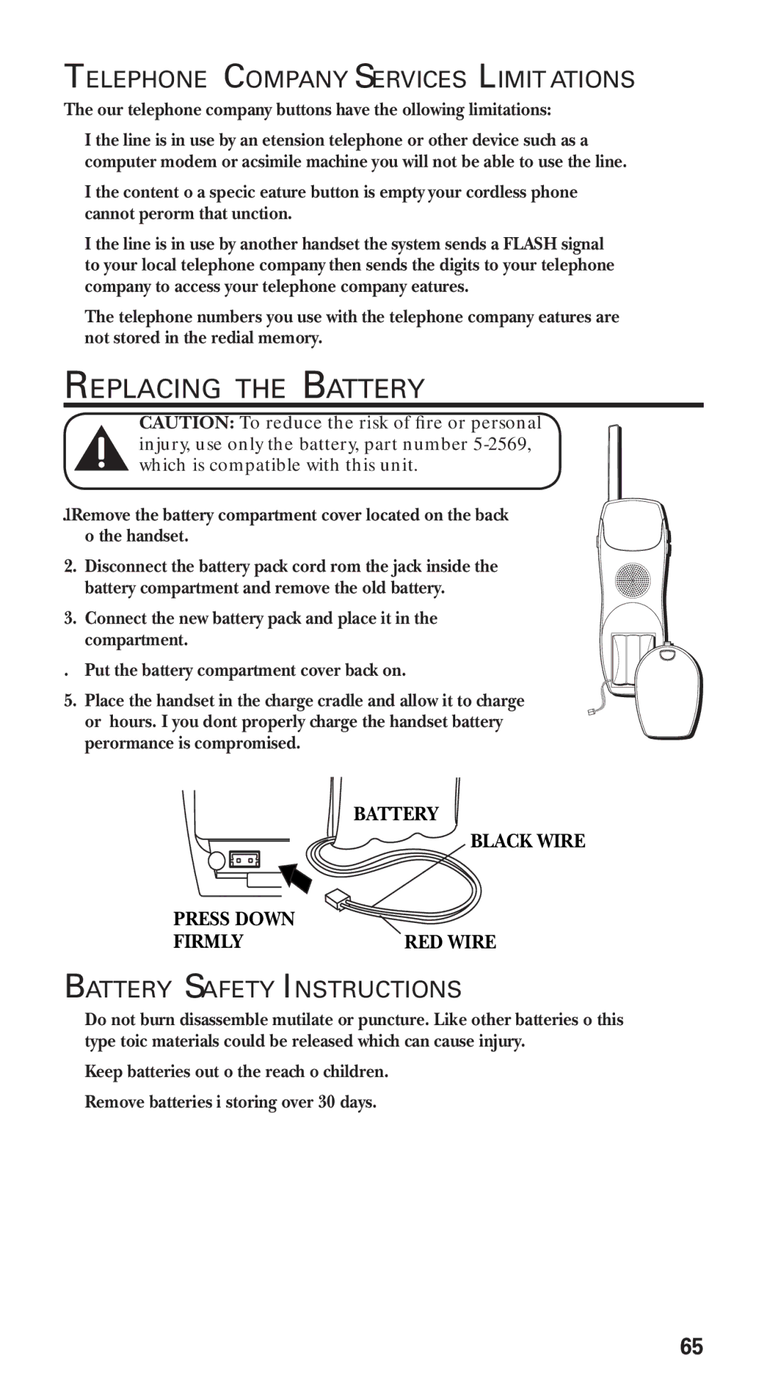 GE 21115 manual Replacing the Battery, Telephone Company Services Limitations, Battery Safety Instructions 