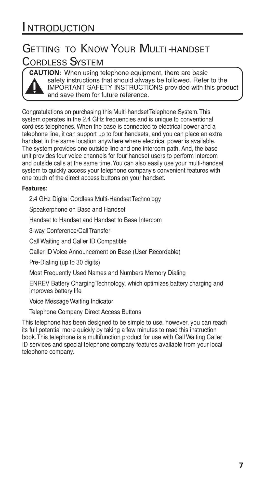 GE 21115 manual Introduction, Getting to Know Your Multi-handset Cordless System, Features 