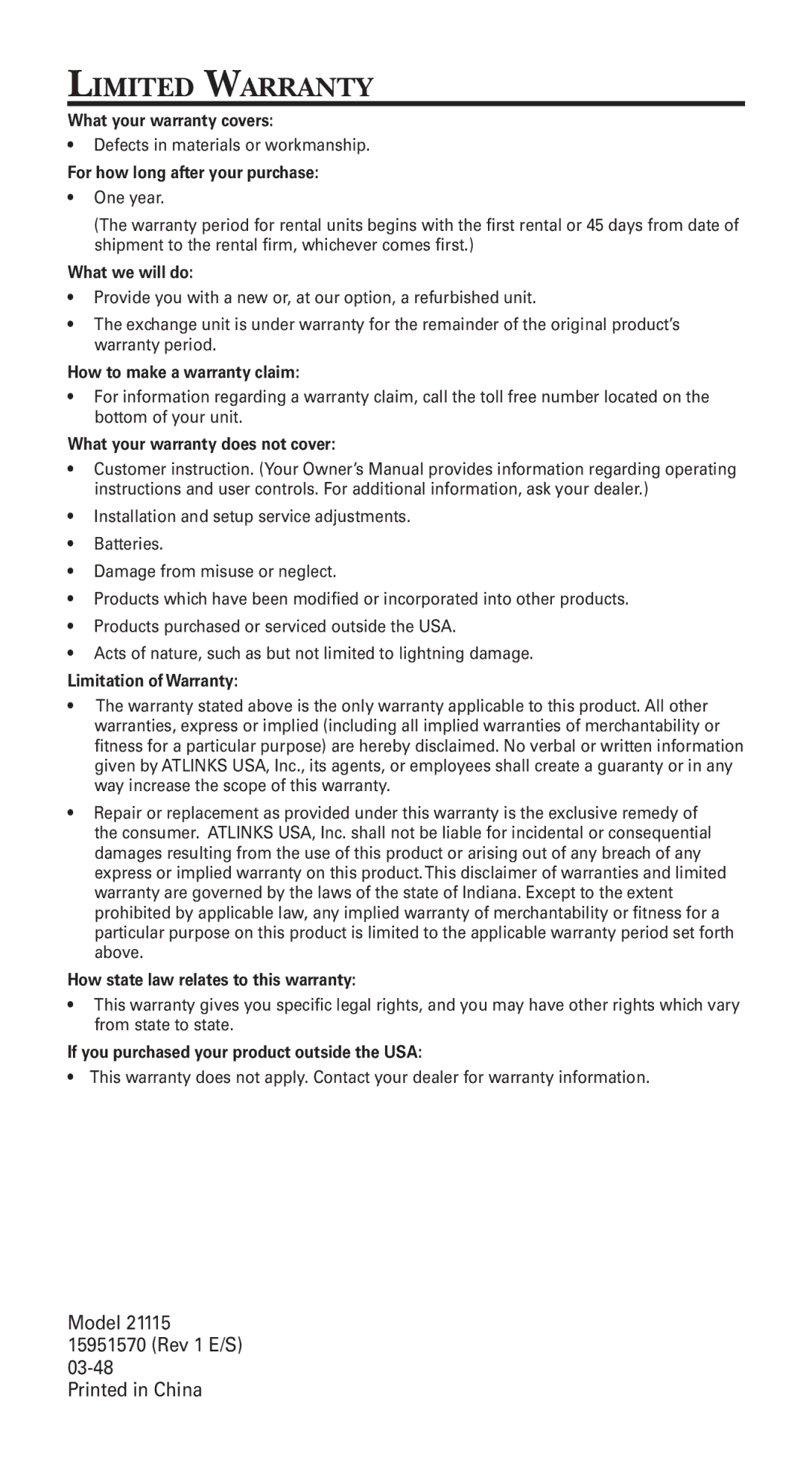 GE 21115 manual Limited Warranty, For how long after your purchase 