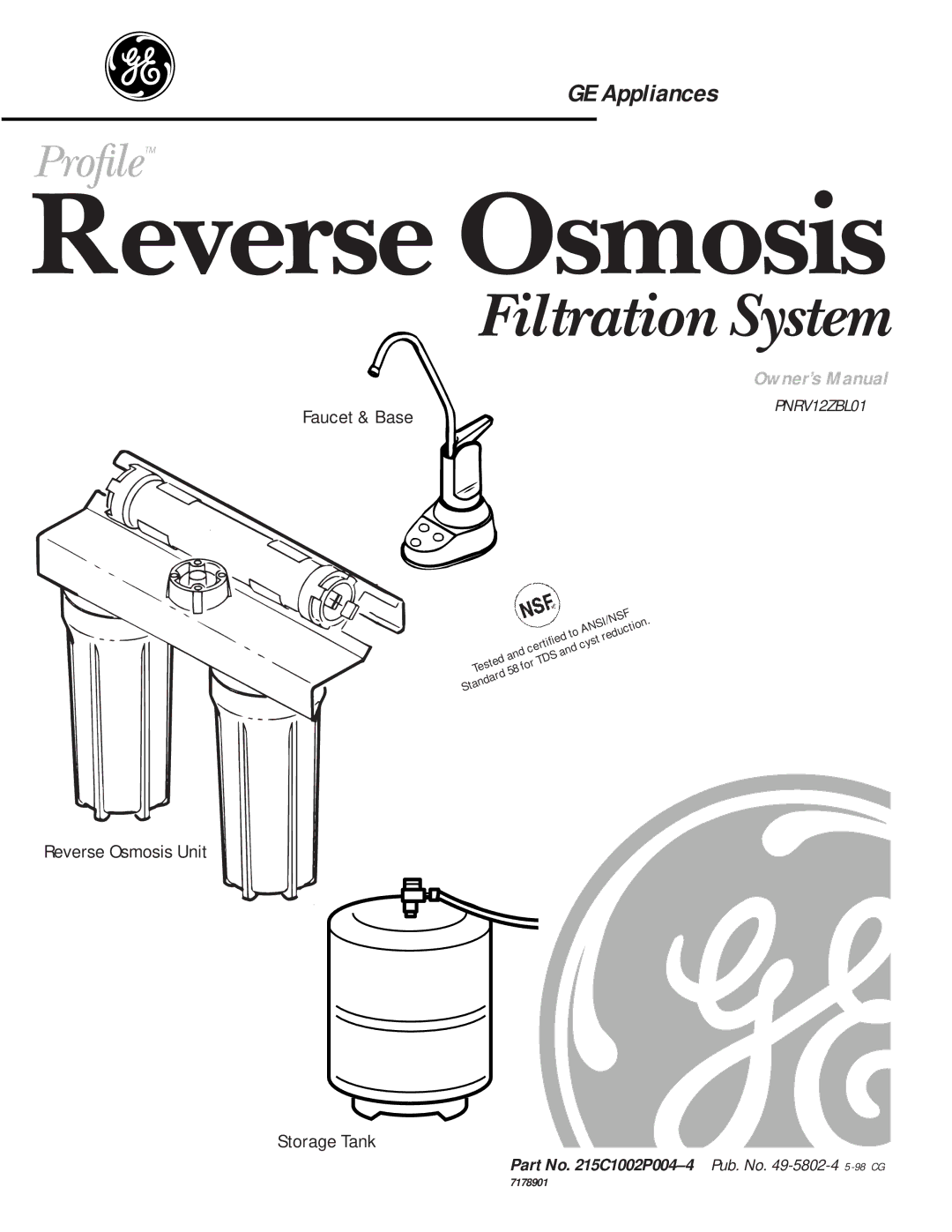 GE 215c1002p004-4 owner manual Reverse Osmosis, Part No C1002P004-4 Pub. No -5802-45 -98 CG 