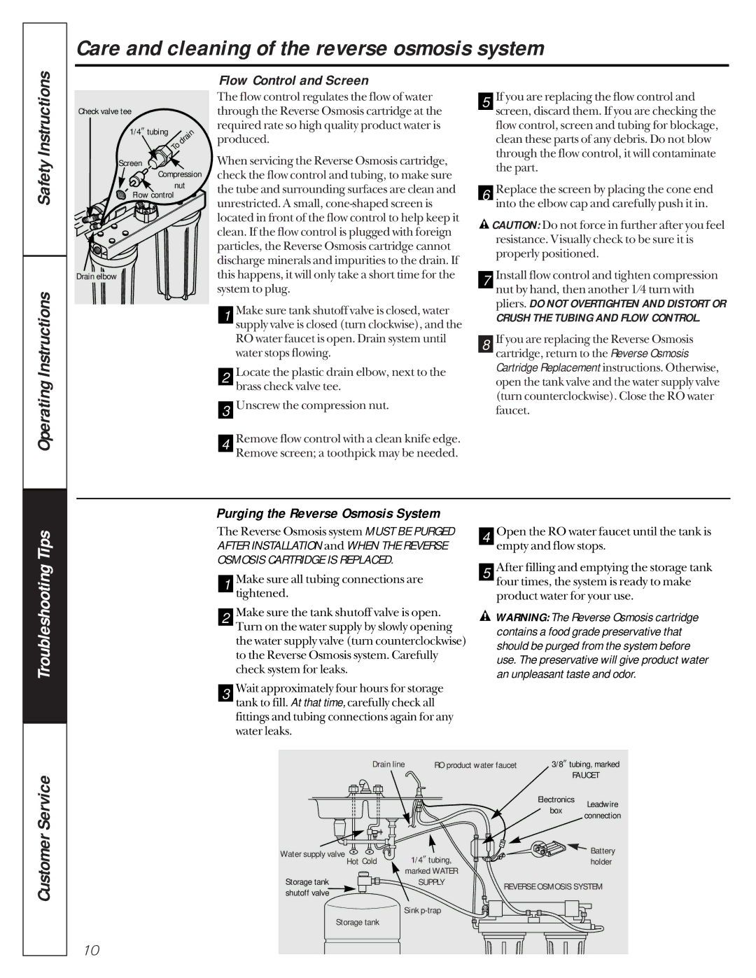 GE 215c1002p004-4 owner manual Flow Control and Screen, Purging the Reverse Osmosis System 