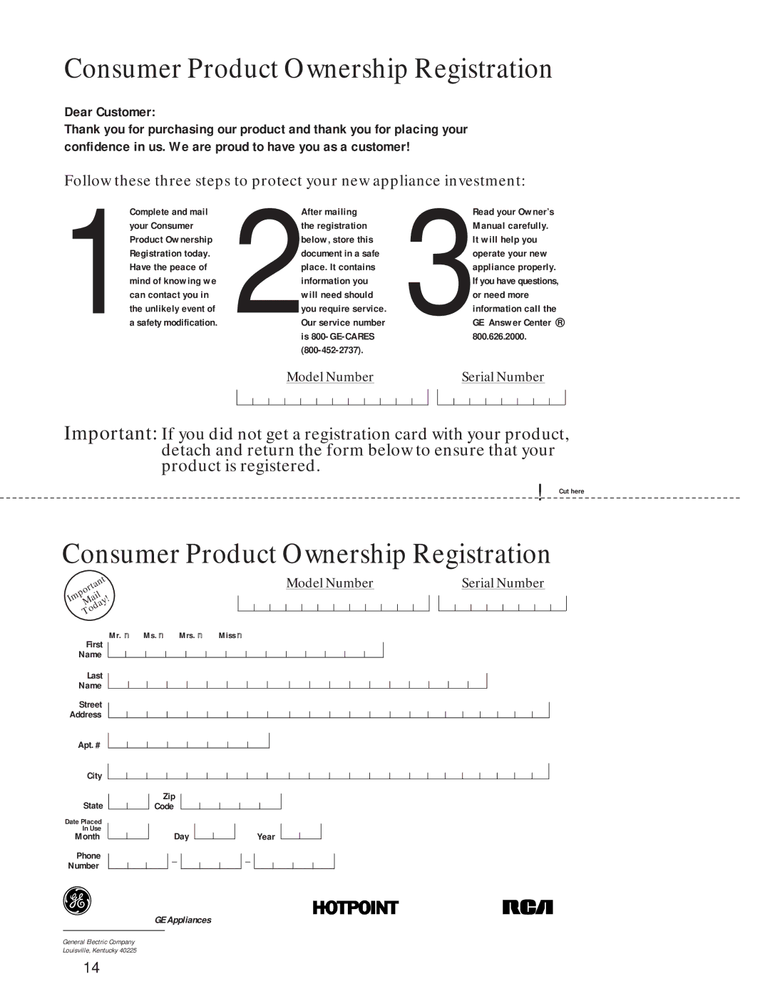 GE 215c1002p004-4 owner manual Consumer Product Ownership Registration 