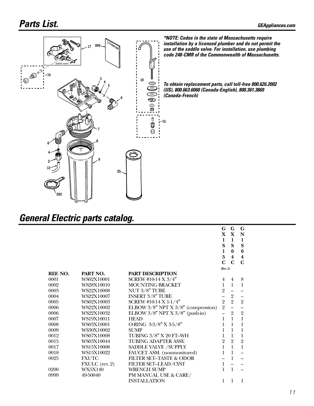 GE 215C1044P010-3 owner manual Parts List, General Electric parts catalog 