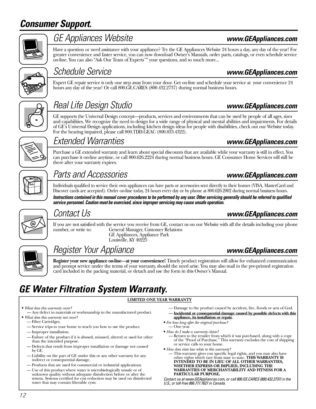 GE 215C1044P010-3 Consumer Support GE Appliances Website Schedule Service, Real Life Design Studio, Extended Warranties 