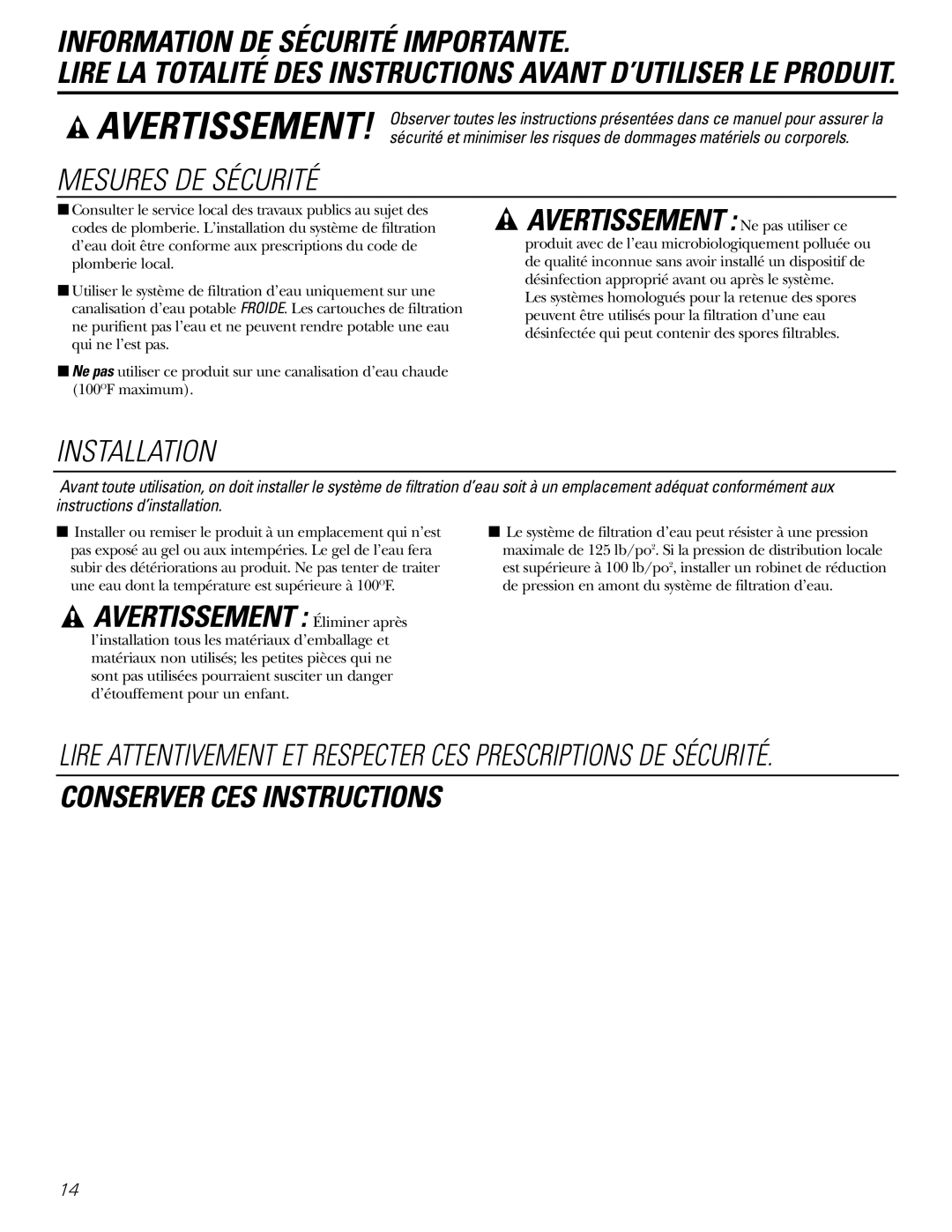 GE 215C1044P010-3 owner manual Information DE Sécurité Importante, Avertissement Éliminer après 