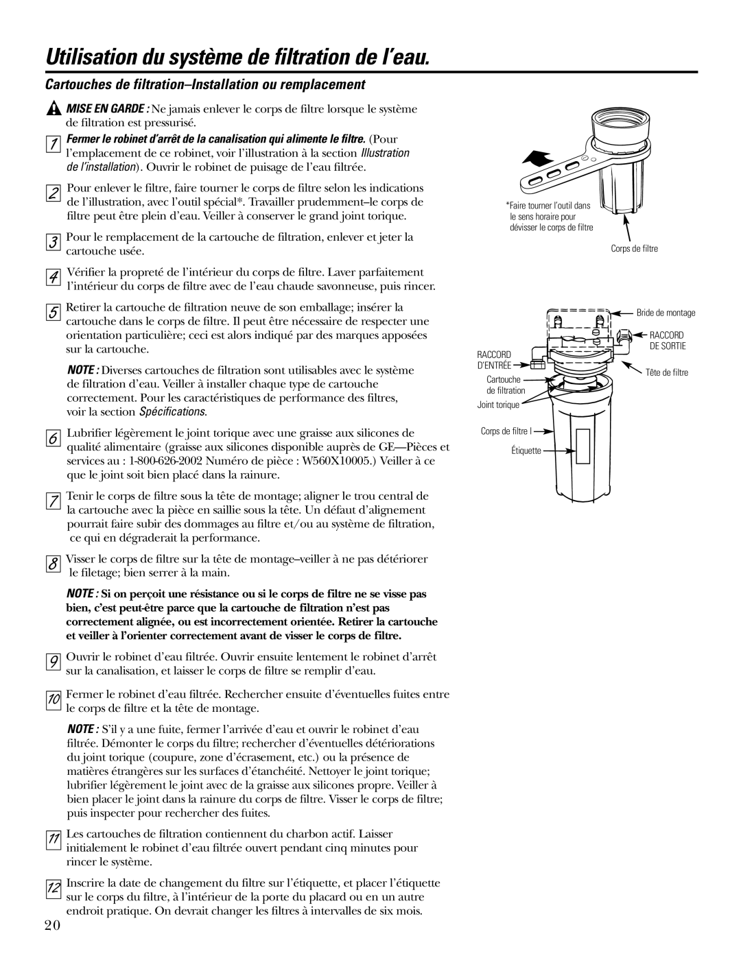 GE 215C1044P010-3 Utilisation du système de filtration de l’eau, Cartouches de filtration-Installation ou remplacement 