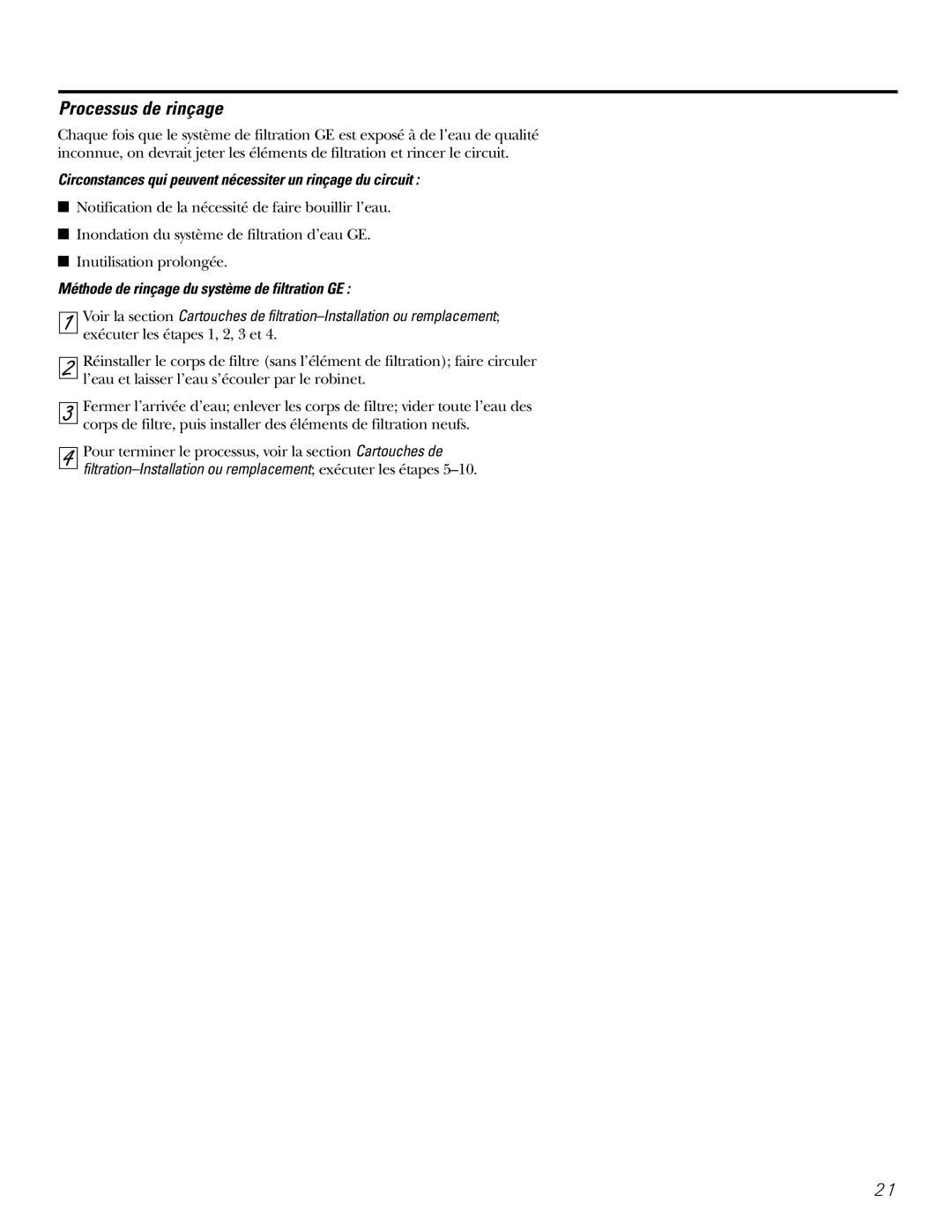 GE 215C1044P010-3 owner manual Processus de rinçage, Circonstances qui peuvent nécessiter un rinçage du circuit 