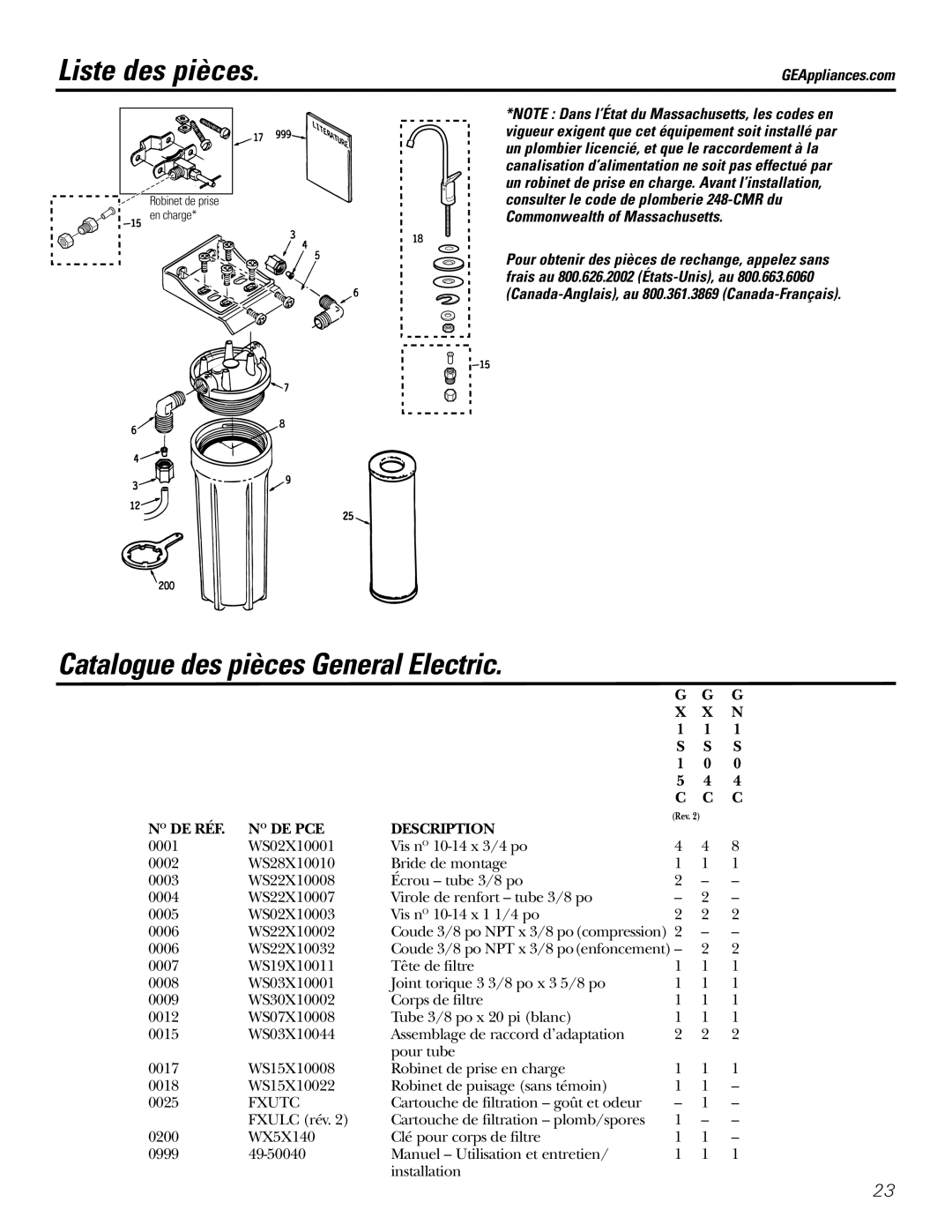 GE 215C1044P010-3 owner manual Liste des pièces, Catalogue des pièces General Electric 