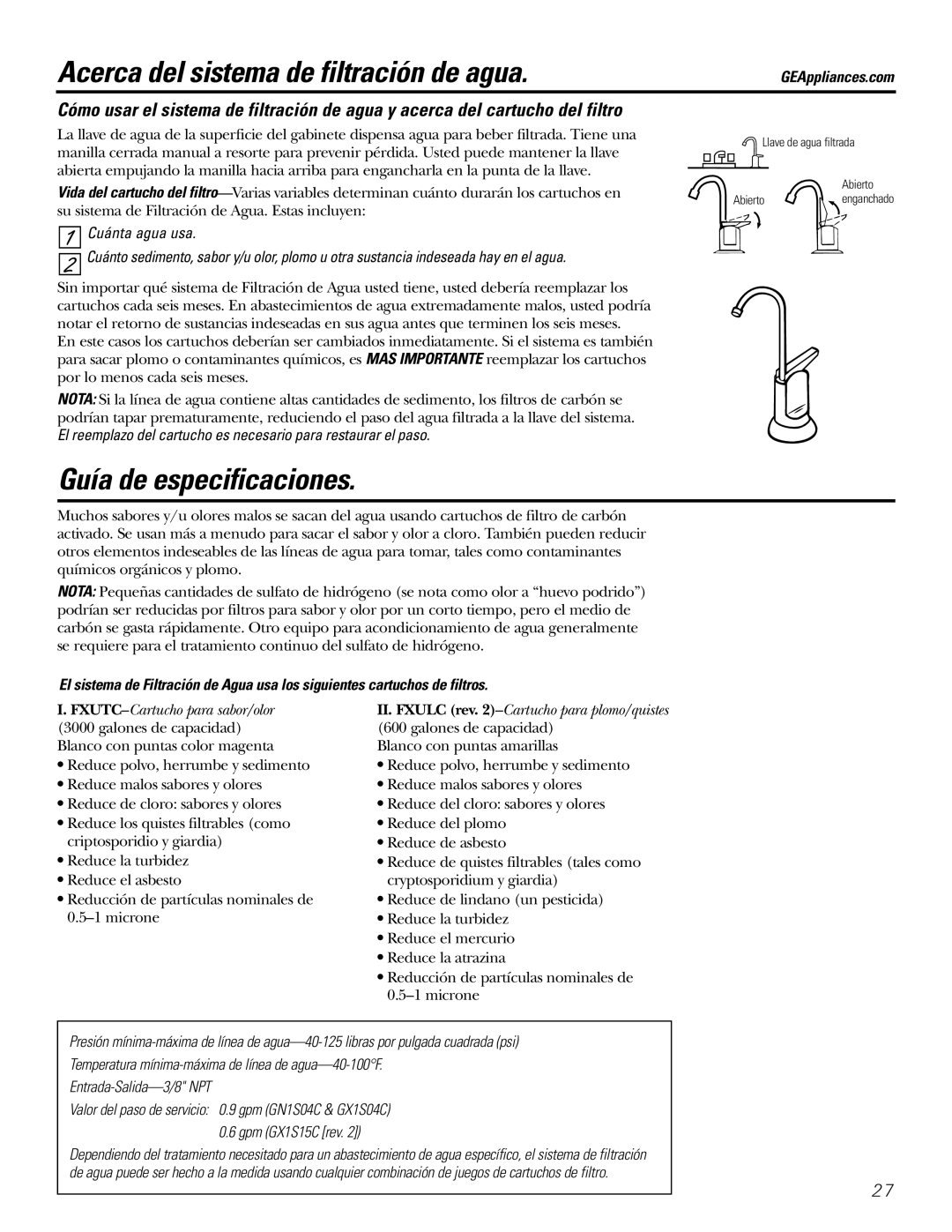 GE 215C1044P010-3 owner manual Acerca del sistema de filtración de agua, Guía de especificaciones 