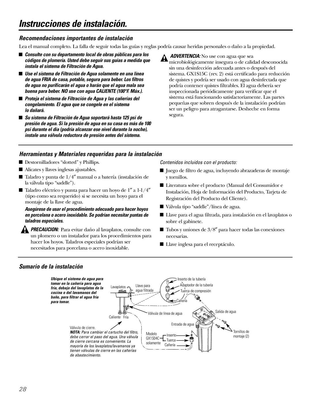 GE 215C1044P010-3 Instrucciones de instalación, Recomendaciones importantes de instalación, Sumario de la instalación 