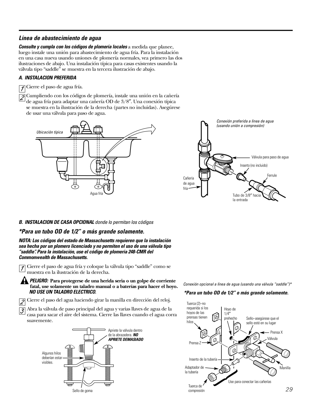 GE 215C1044P010-3 owner manual Línea de abastecimiento de agua, Para un tubo OD de 1/2 o más grande solamente 