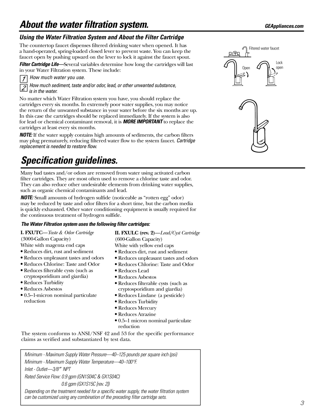 GE 215C1044P010-3 owner manual About the water filtration system, Specification guidelines 